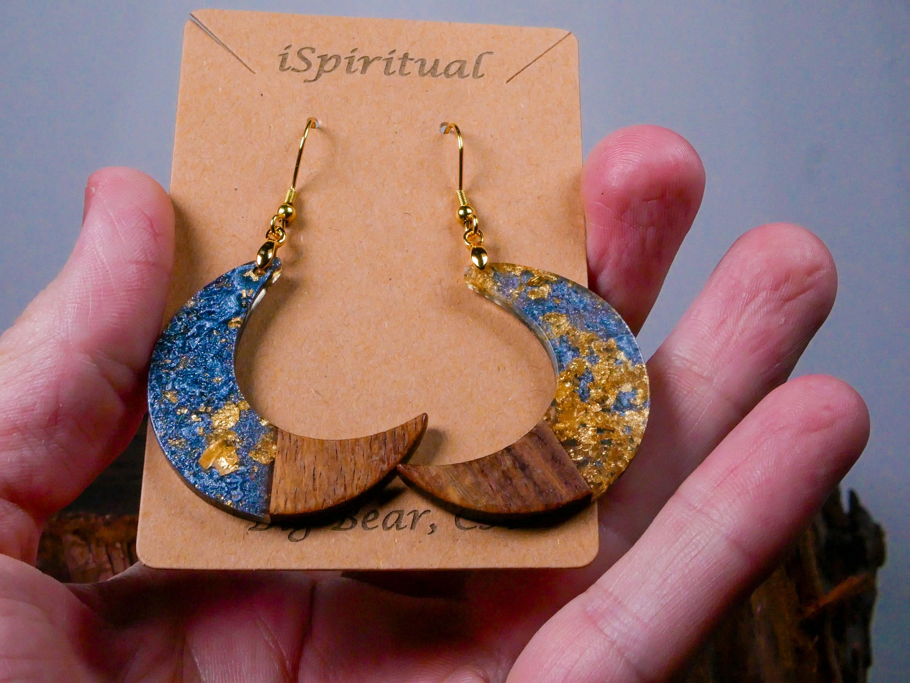 Crescent Moon Earrings • Blue & Gold Lunar • Mystical Jewelry • Witchy Gift • Celestial