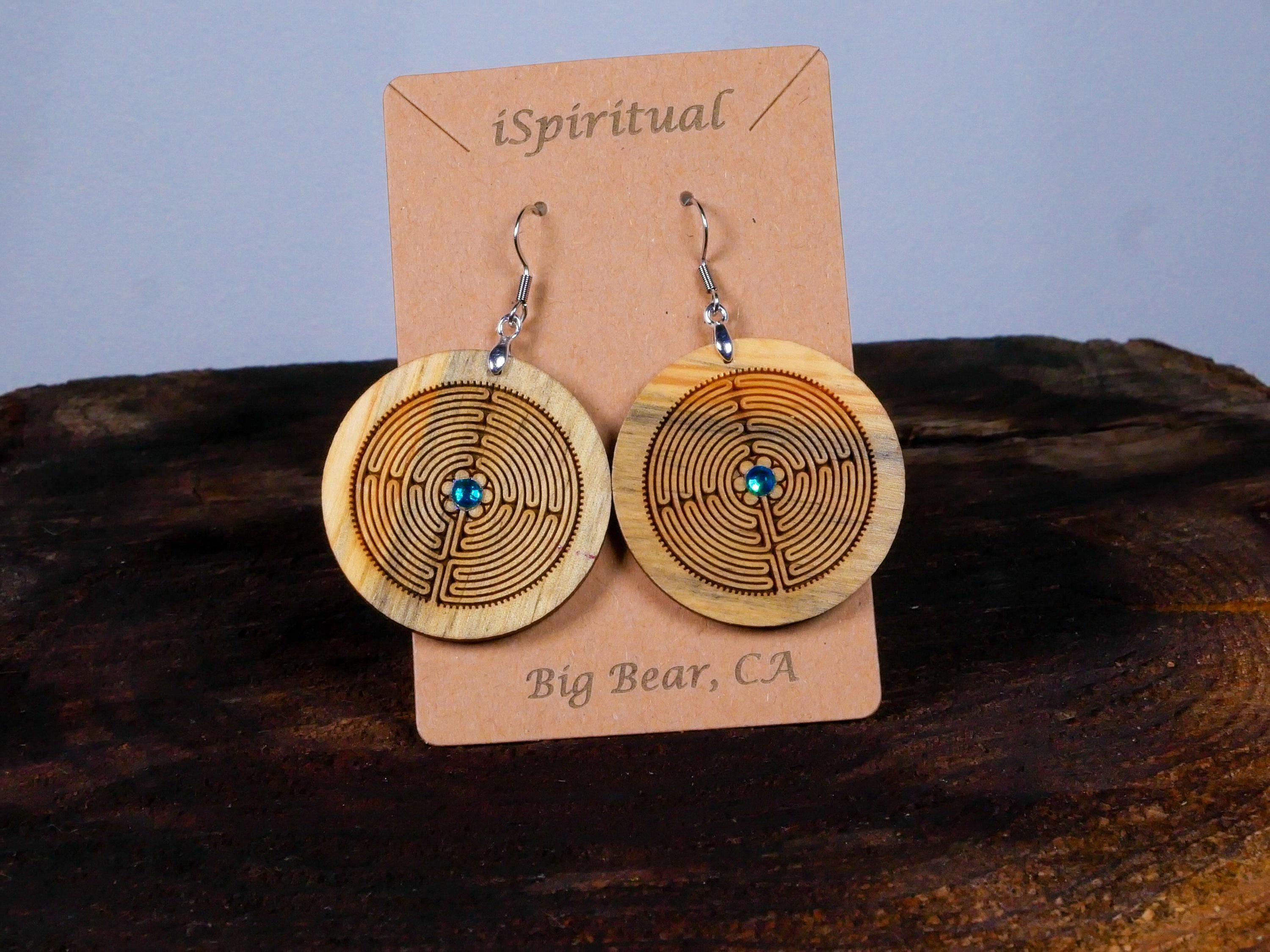 Labyrinth Earrings with Teal Crystal • Engraved Wood Dangles • Spiritual Jewelry • Meditation Gift • Handmade
