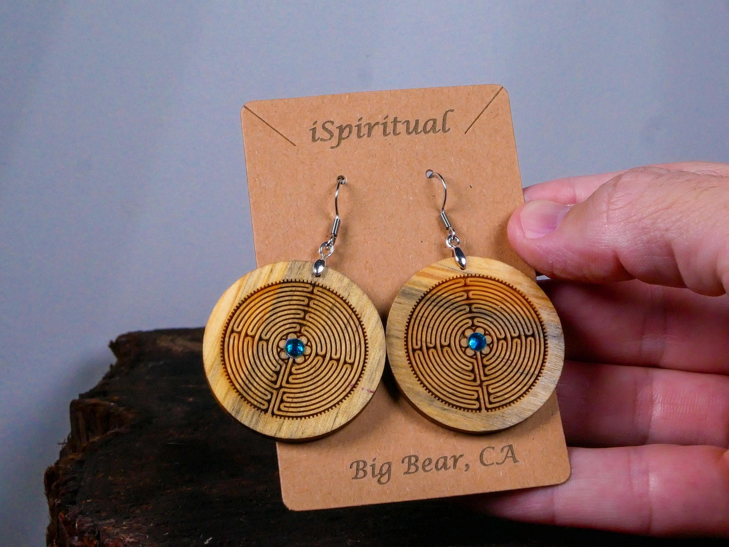 Labyrinth Earrings with Teal Crystal • Engraved Wood Dangles • Spiritual Jewelry • Meditation Gift • Handmade