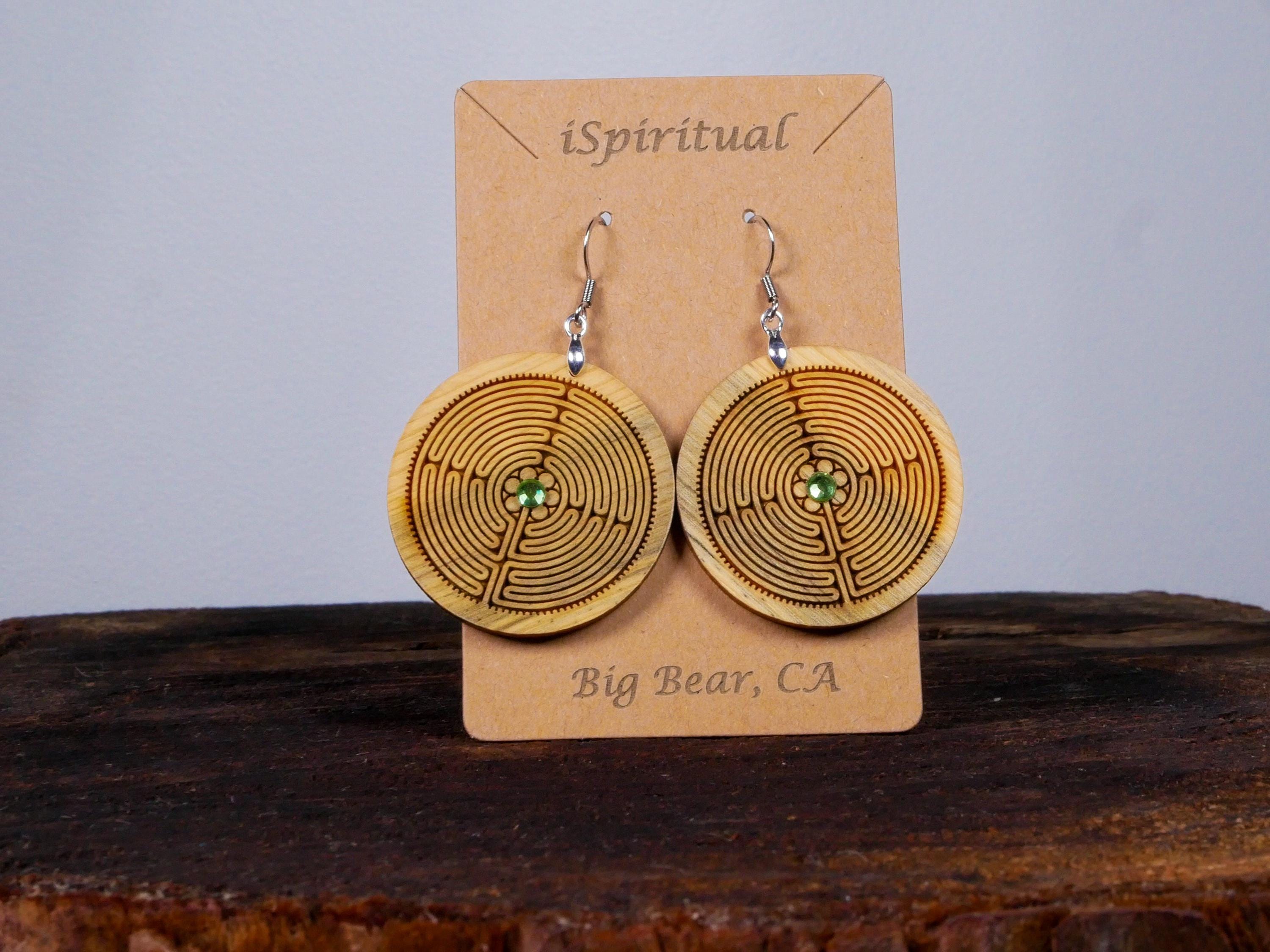 Labyrinth Earrings with Green Crystal • Engraved Wood Dangles • Spiritual Jewelry • Meditation Gift • Handmade