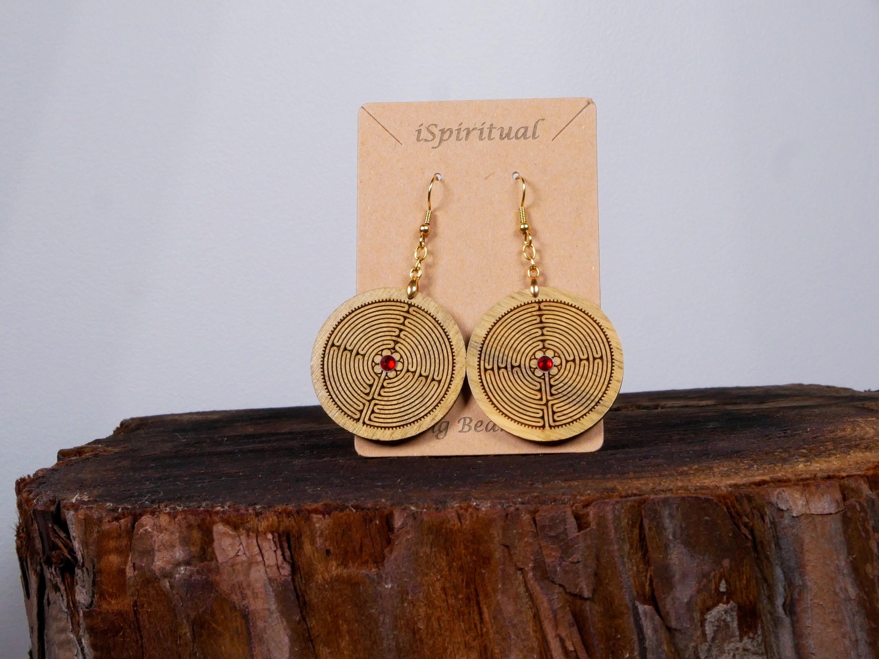 Labyrinth Earrings with Red Crystal • Engraved Wood Dangles • Spiritual Jewelry • Meditation Gift • Handmade