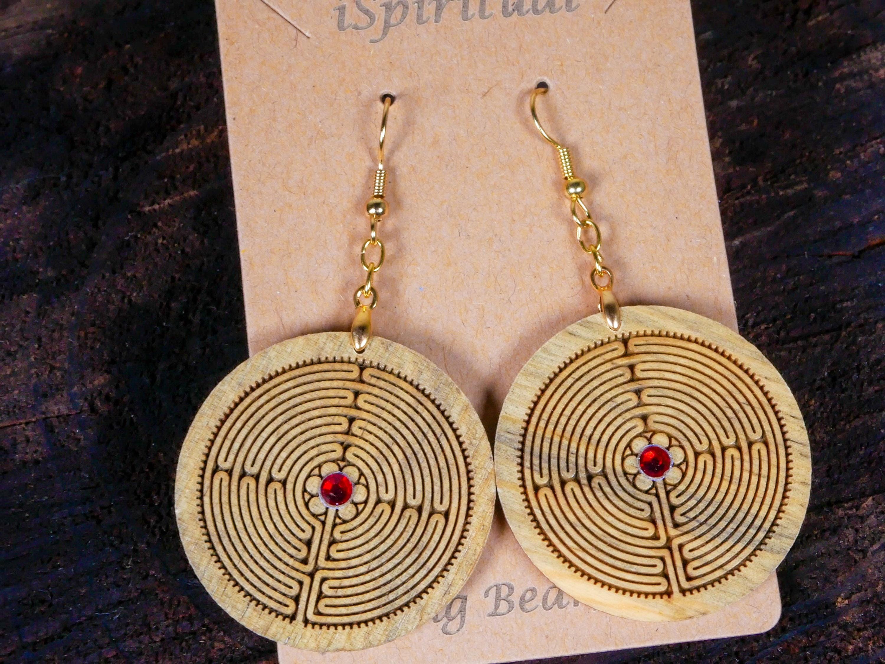 Labyrinth Earrings with Red Crystal • Engraved Wood Dangles • Spiritual Jewelry • Meditation Gift • Handmade