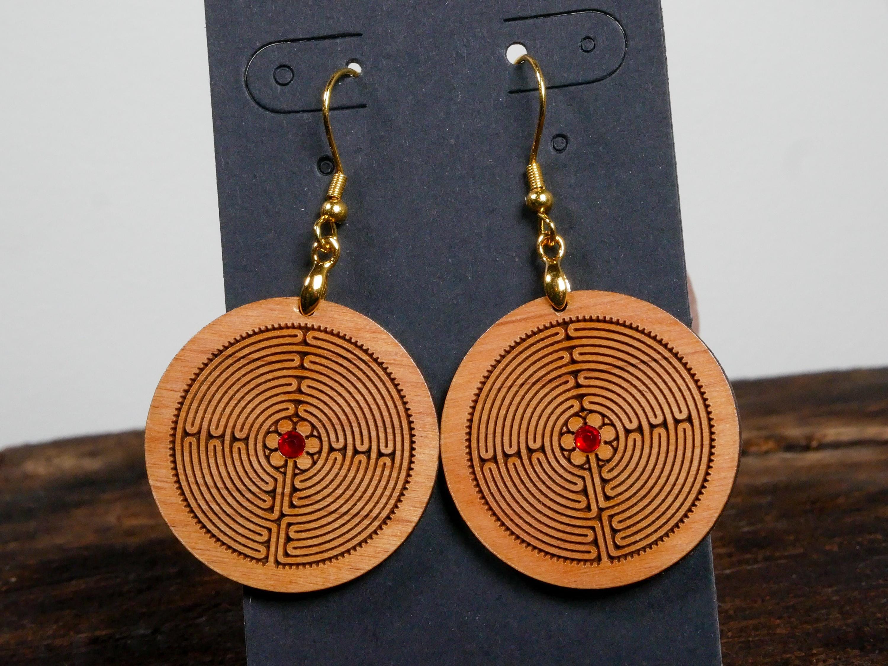 Labyrinth Earrings with Red Crystal • Light Wood Engraved Dangles • Sacred Path Jewelry • Meditation Gift