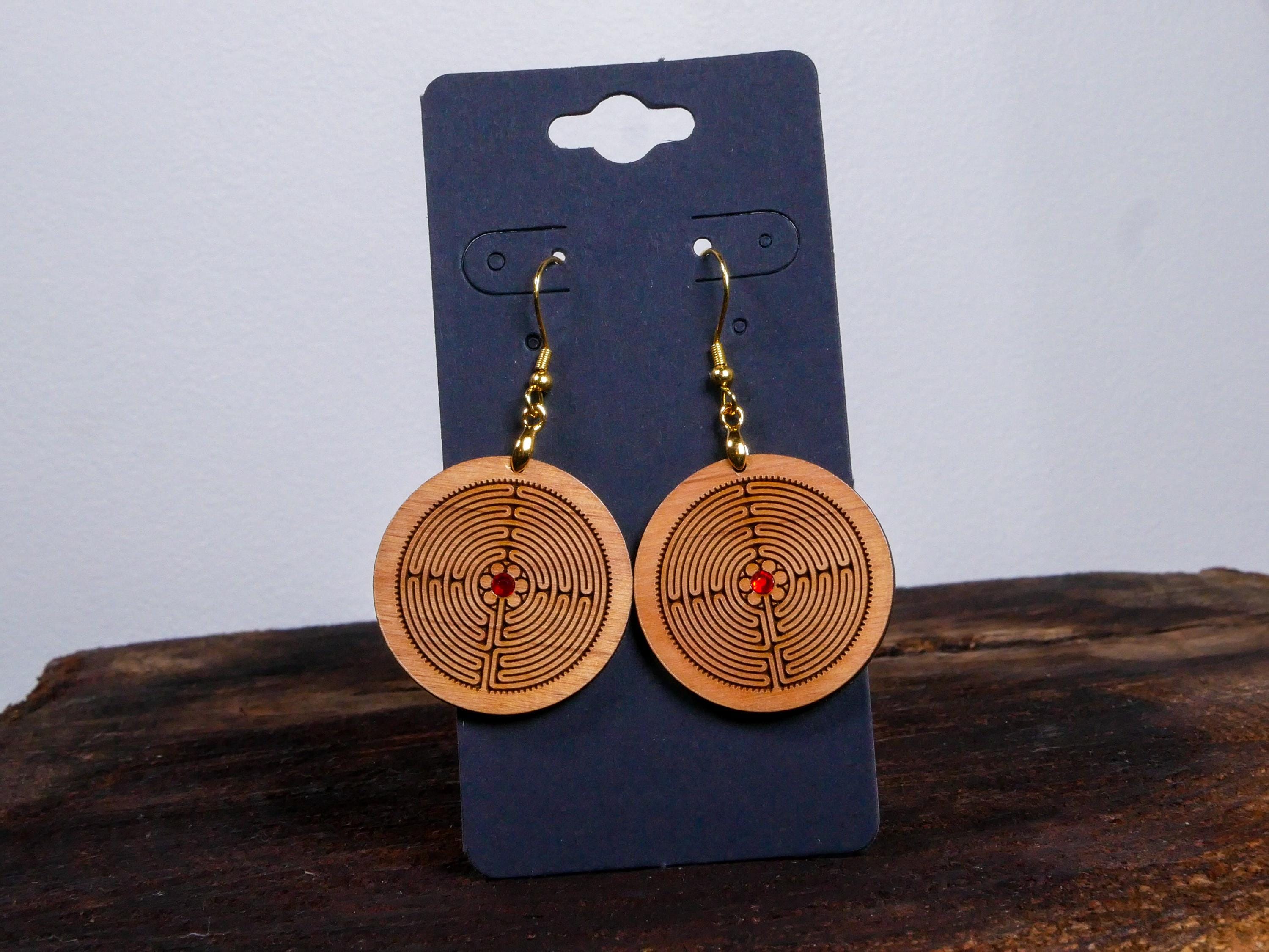 Labyrinth Earrings with Red Crystal • Light Wood Engraved Dangles • Sacred Path Jewelry • Meditation Gift