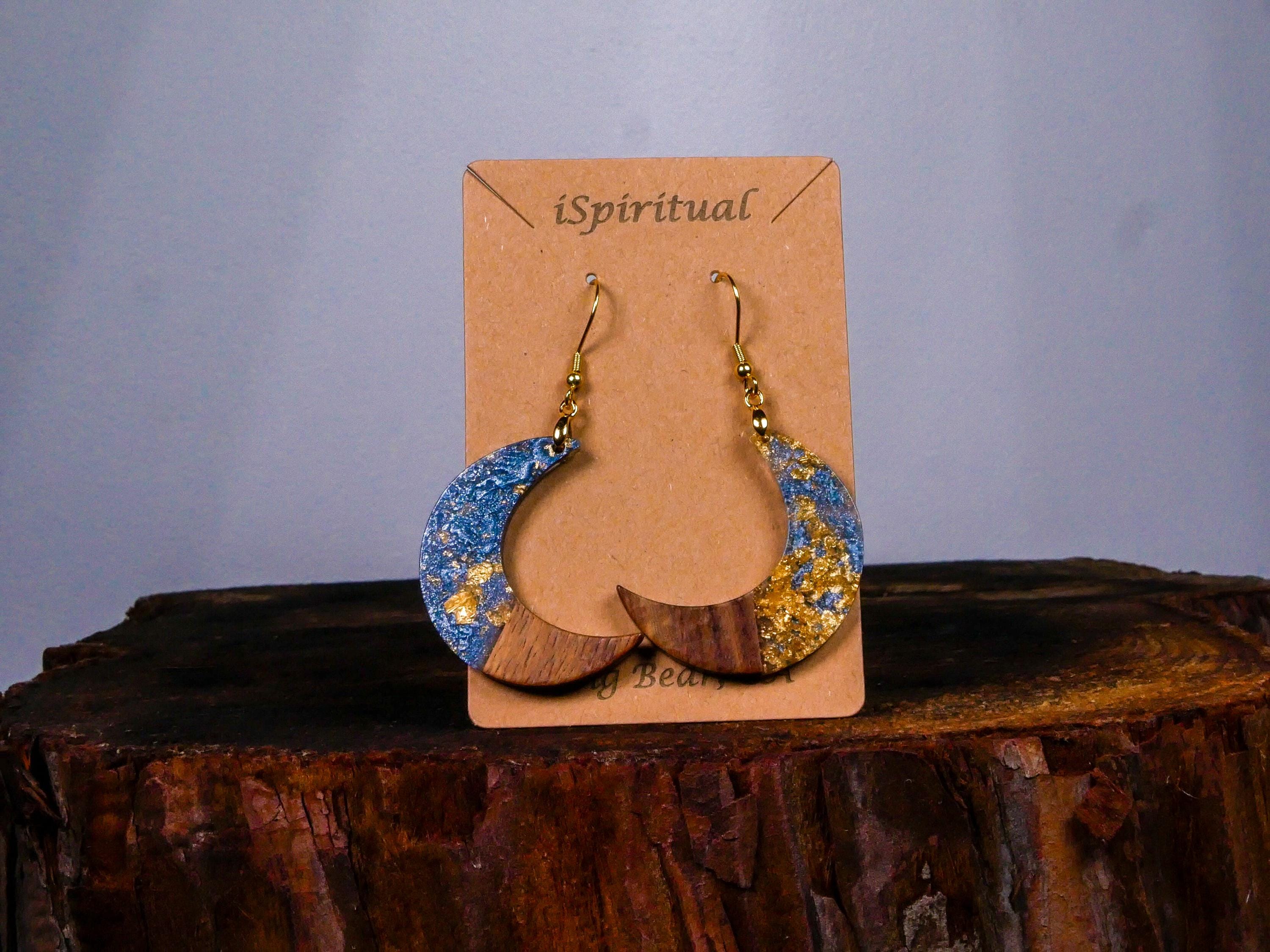 Crescent Moon Earrings • Blue & Gold Lunar • Mystical Jewelry • Witchy Gift • Celestial