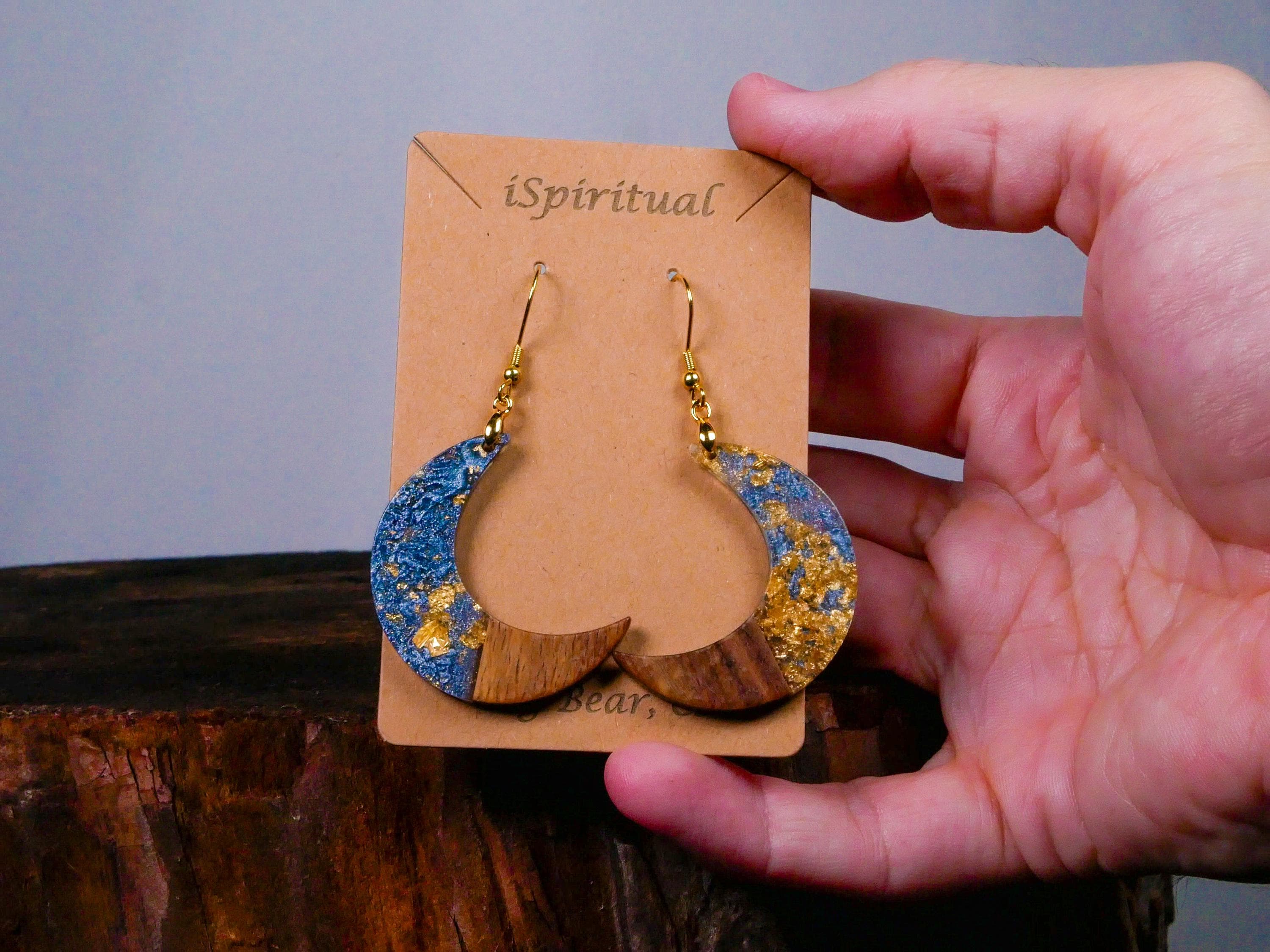 Crescent Moon Earrings • Blue & Gold Lunar • Mystical Jewelry • Witchy Gift • Celestial