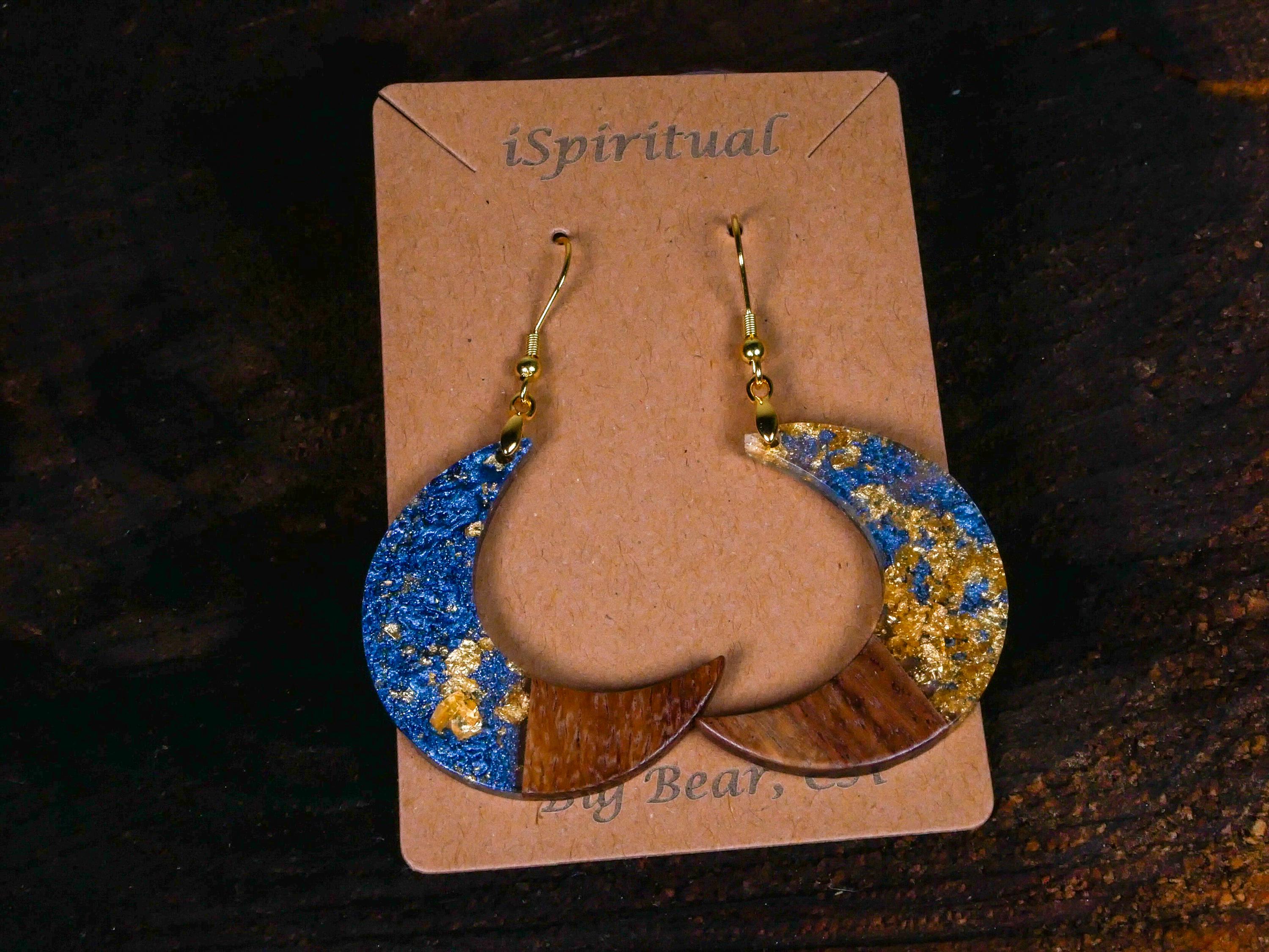 Crescent Moon Earrings • Blue & Gold Lunar • Mystical Jewelry • Witchy Gift • Celestial