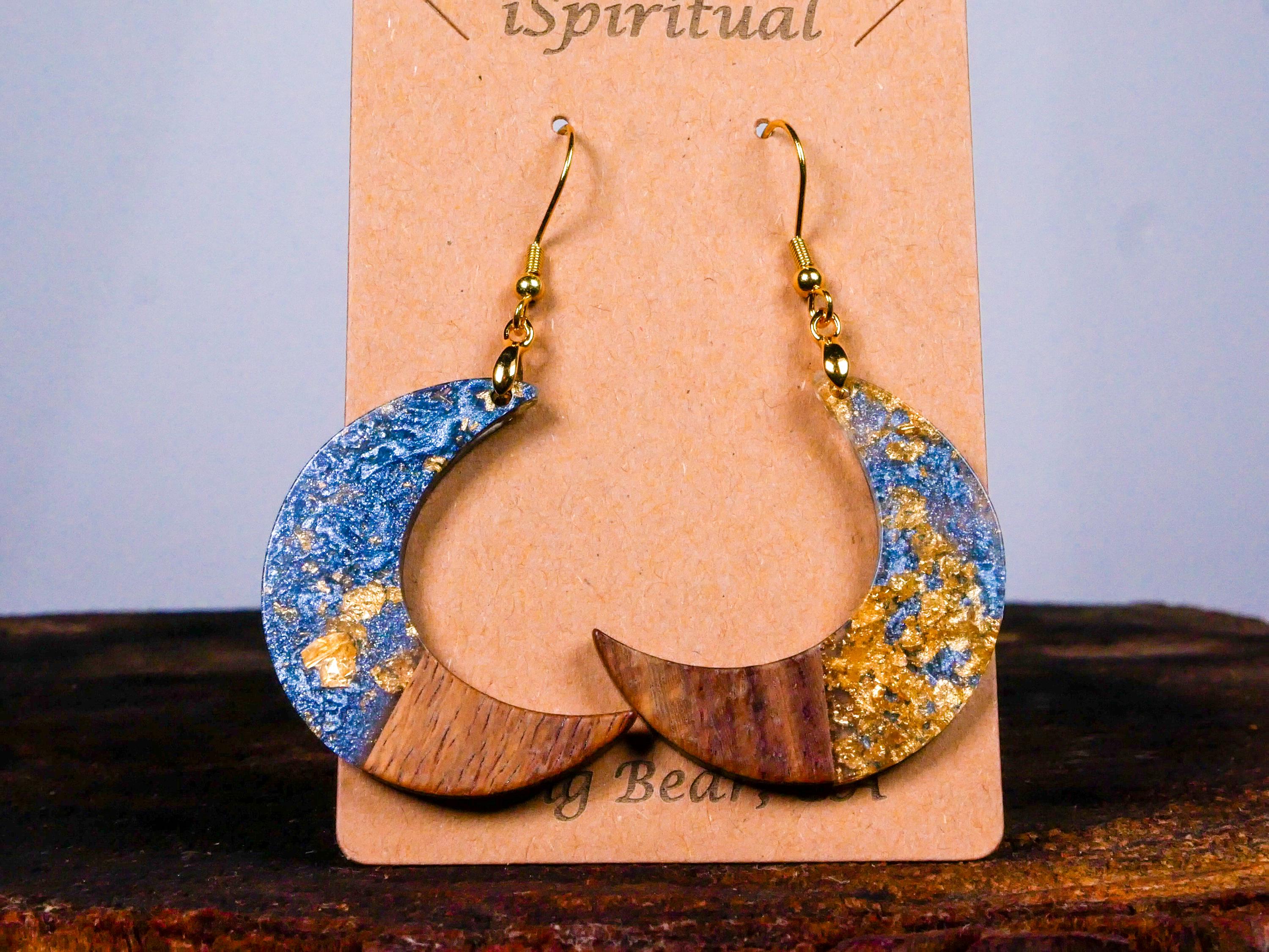 Crescent Moon Earrings • Blue & Gold Lunar • Mystical Jewelry • Witchy Gift • Celestial