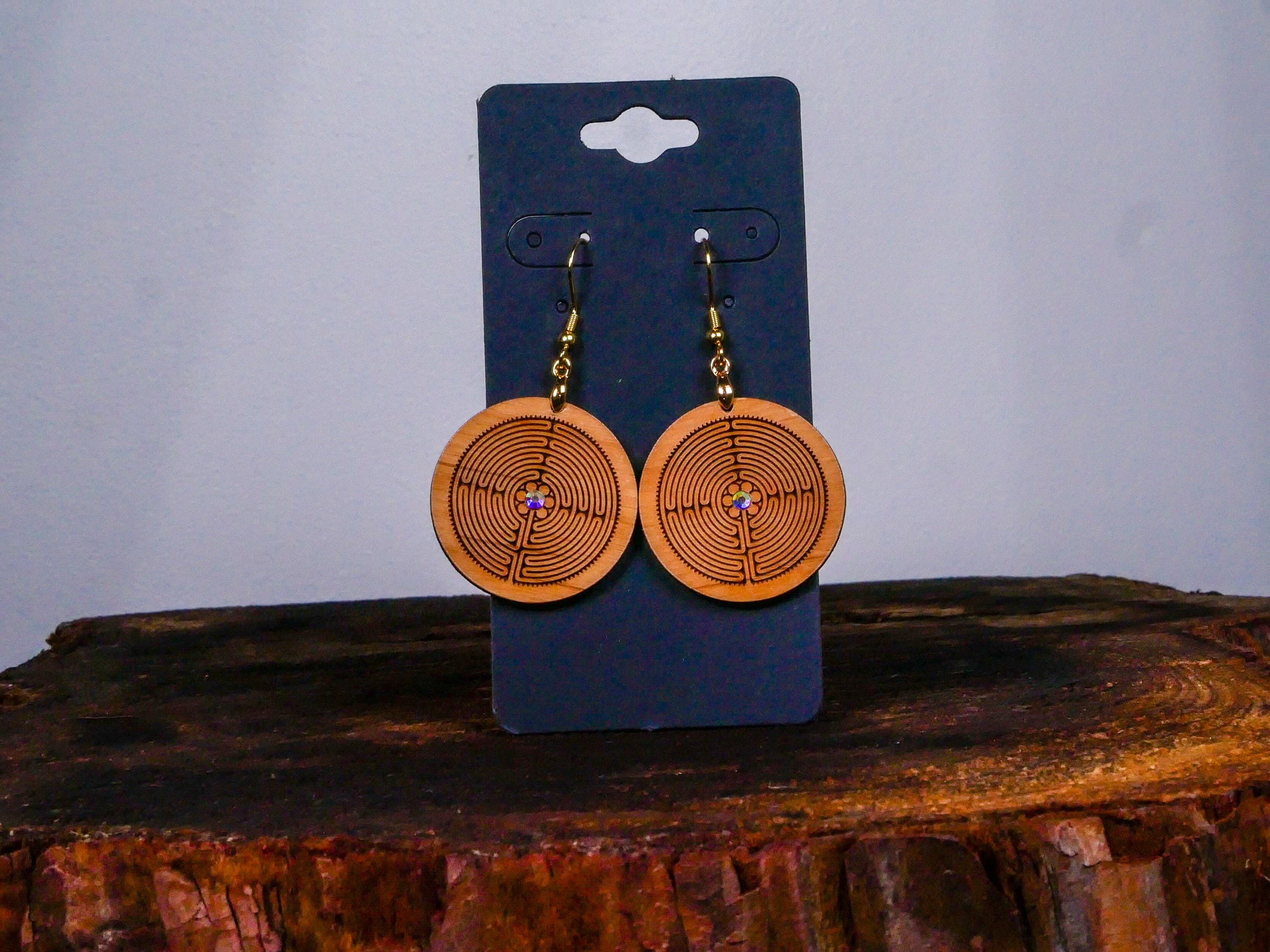 Labyrinth Earrings • Sacred Path Wood Earrings • Crystal Center Dangles • Spiritual Gift • Meditation Jewelry • Handmade