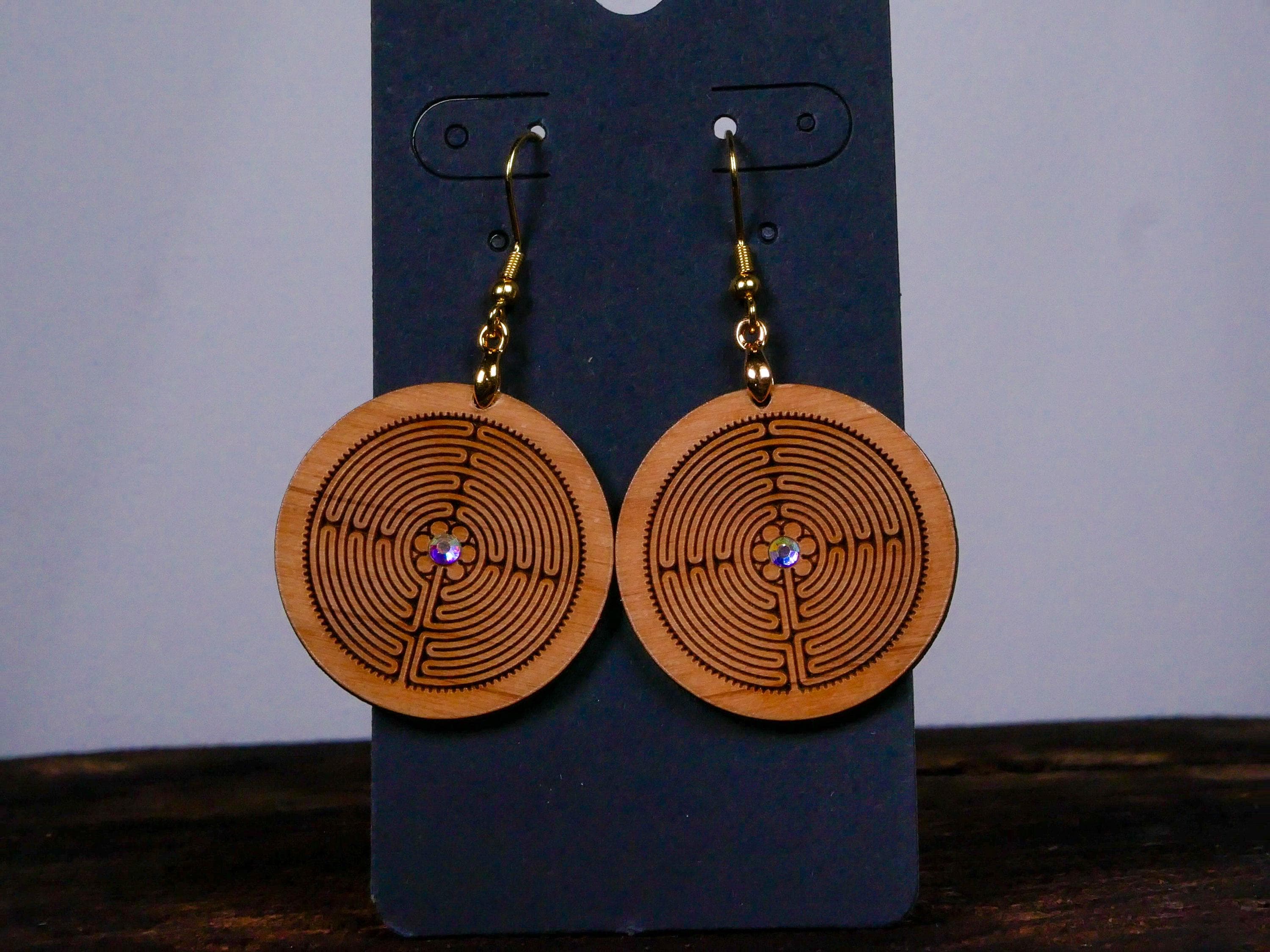 Labyrinth Earrings • Sacred Path Wood Earrings • Crystal Center Dangles • Spiritual Gift • Meditation Jewelry • Handmade