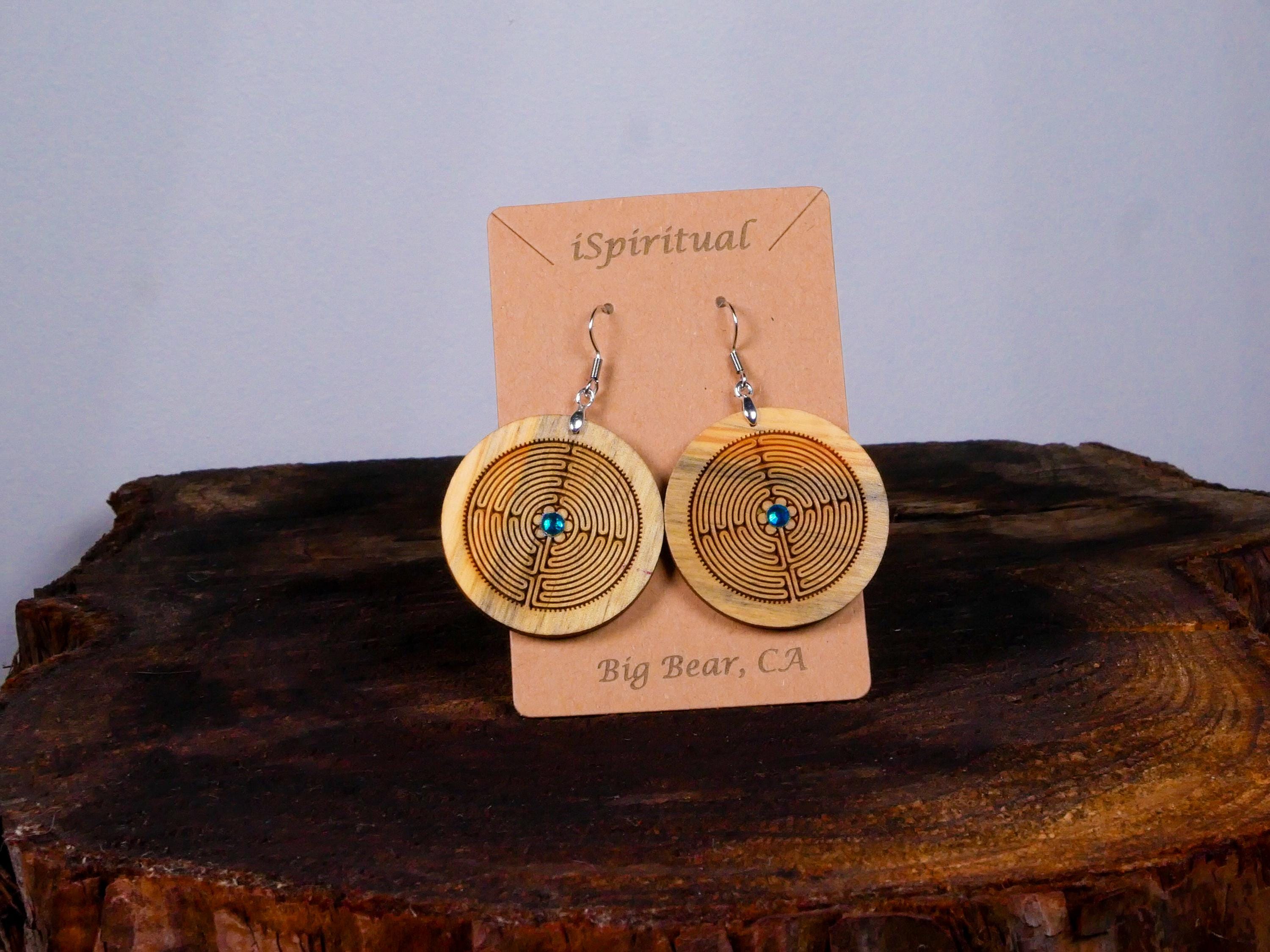 Labyrinth Earrings with Teal Crystal • Engraved Wood Dangles • Spiritual Jewelry • Meditation Gift • Handmade