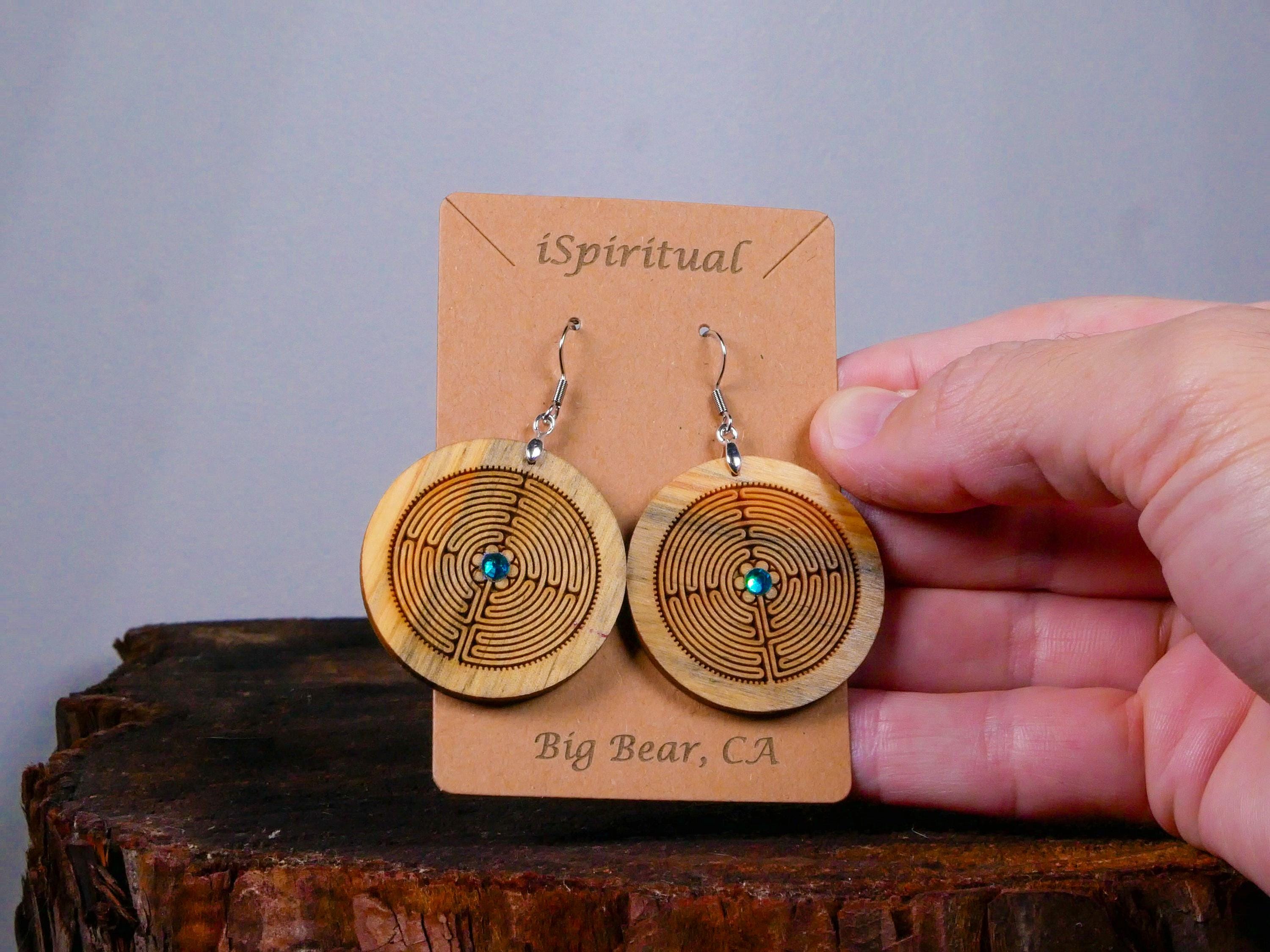 Labyrinth Earrings with Teal Crystal • Engraved Wood Dangles • Spiritual Jewelry • Meditation Gift • Handmade