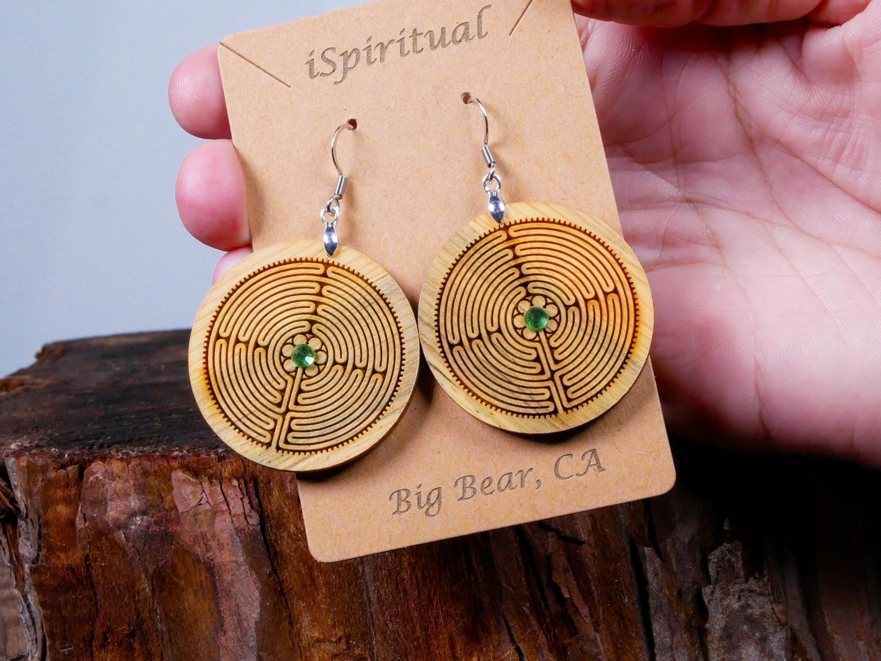 Labyrinth Earrings with Green Crystal • Engraved Wood Dangles • Spiritual Jewelry • Meditation Gift • Handmade