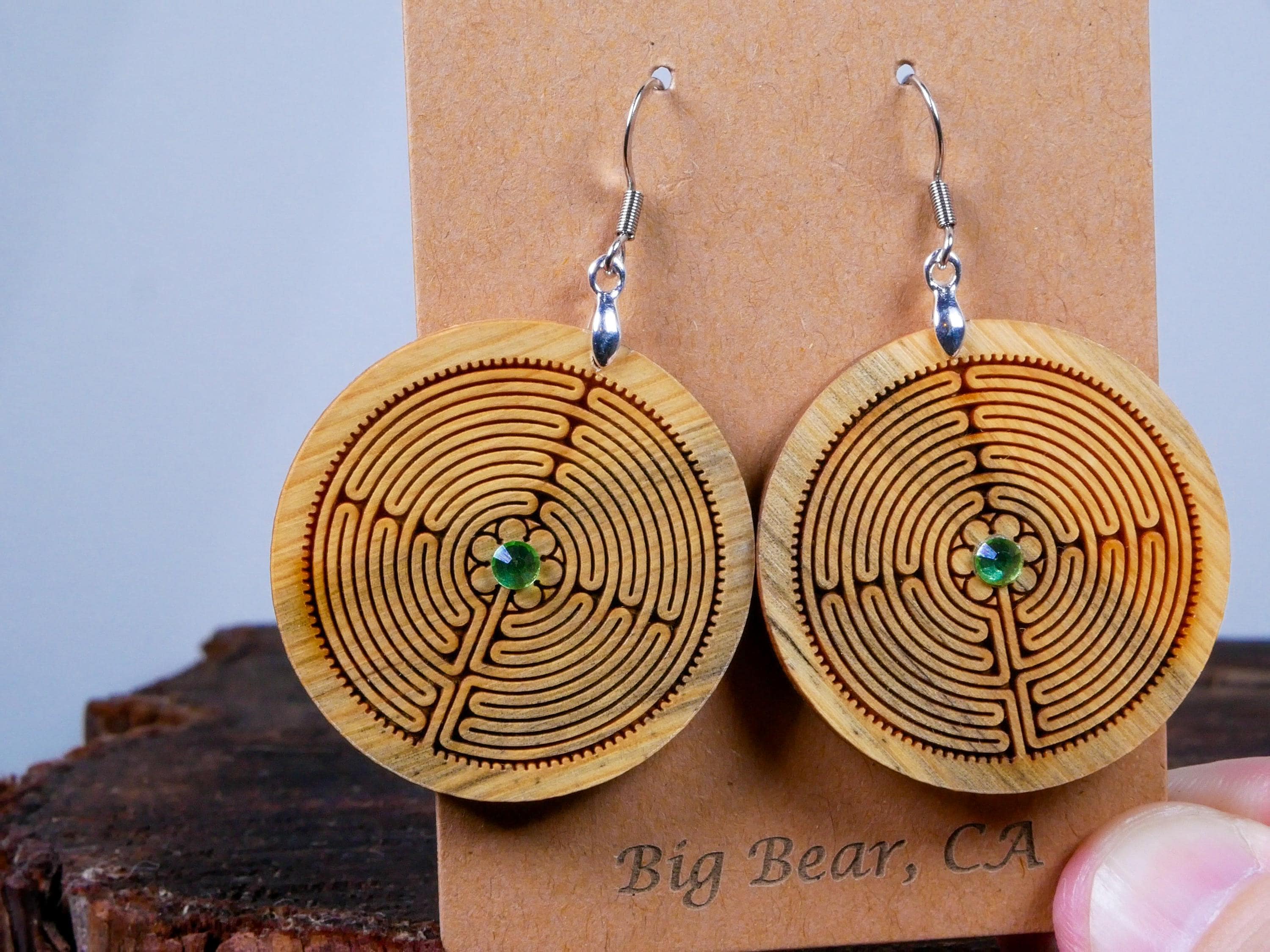 Labyrinth Earrings with Green Crystal • Engraved Wood Dangles • Spiritual Jewelry • Meditation Gift • Handmade