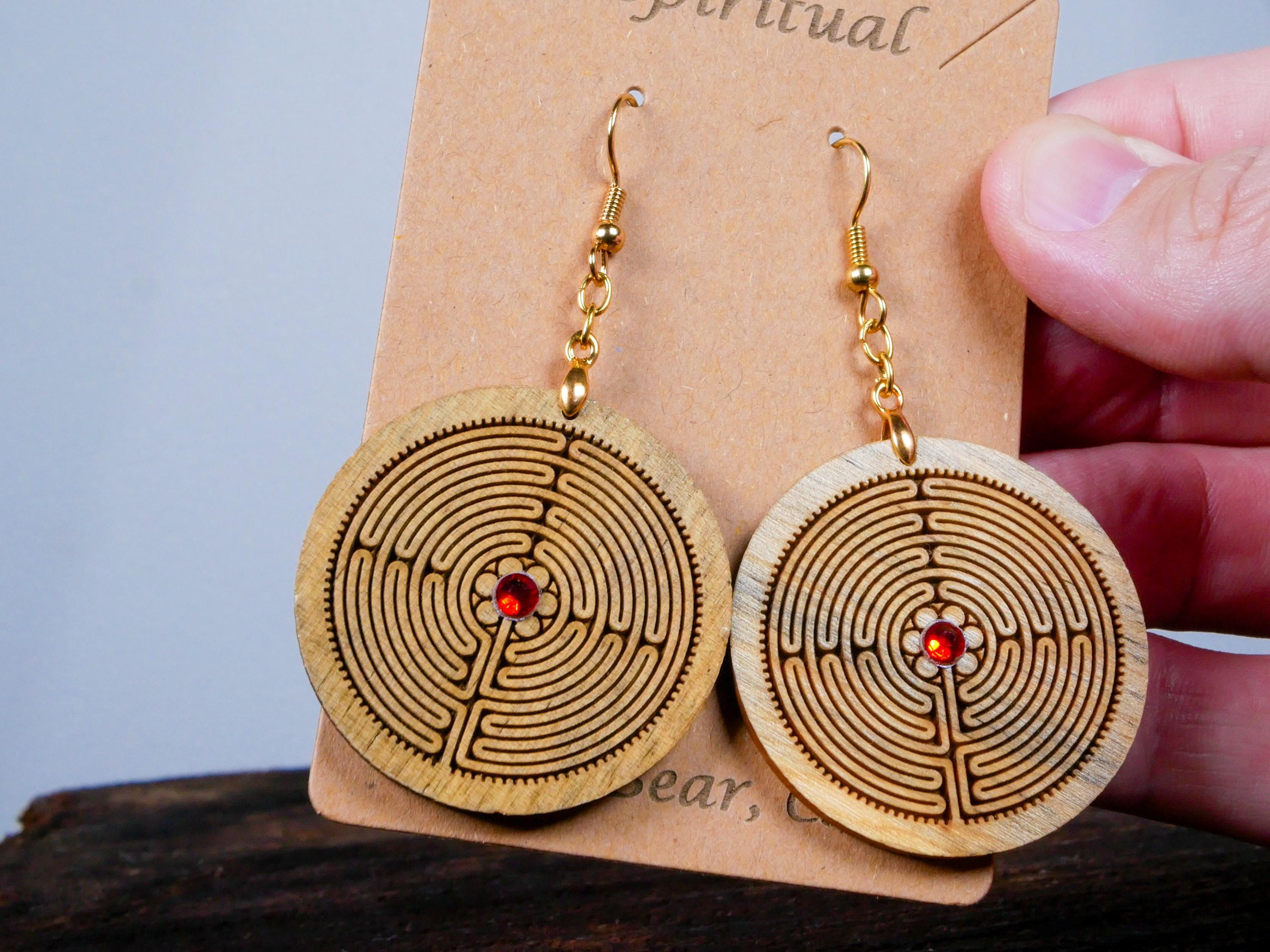 Labyrinth Earrings with Red Crystal • Engraved Wood Dangles • Spiritual Jewelry • Meditation Gift • Handmade