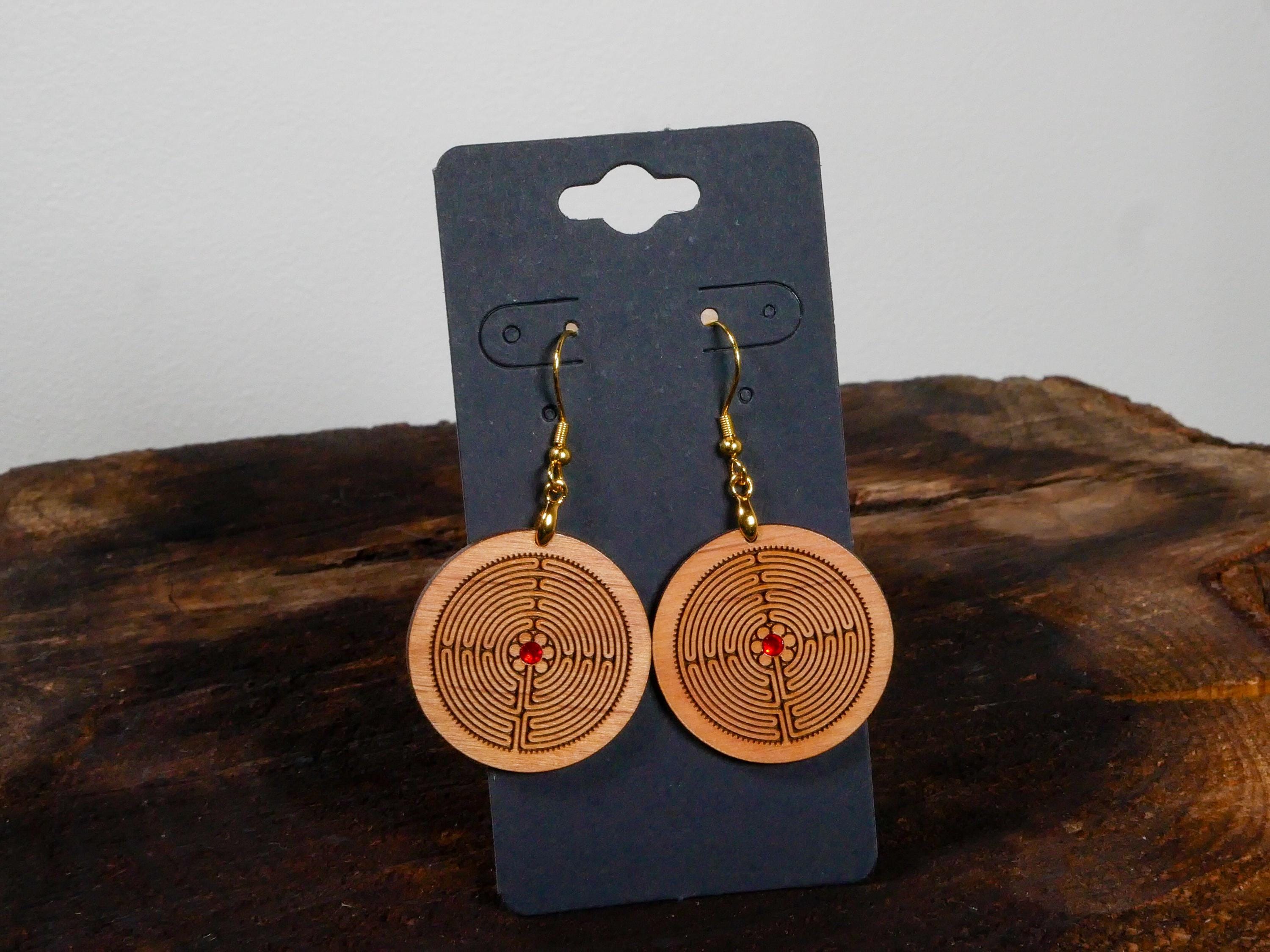 Labyrinth Earrings with Red Crystal • Light Wood Engraved Dangles • Sacred Path Jewelry • Meditation Gift