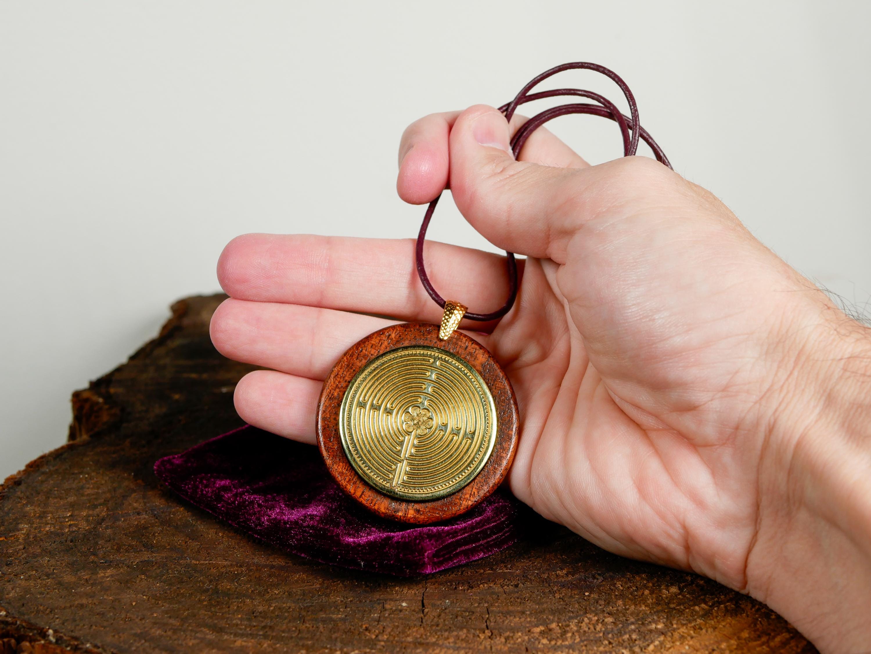 ENGRAVED SOLID BRASS  Chartres Labyrinth, polished, leather cord