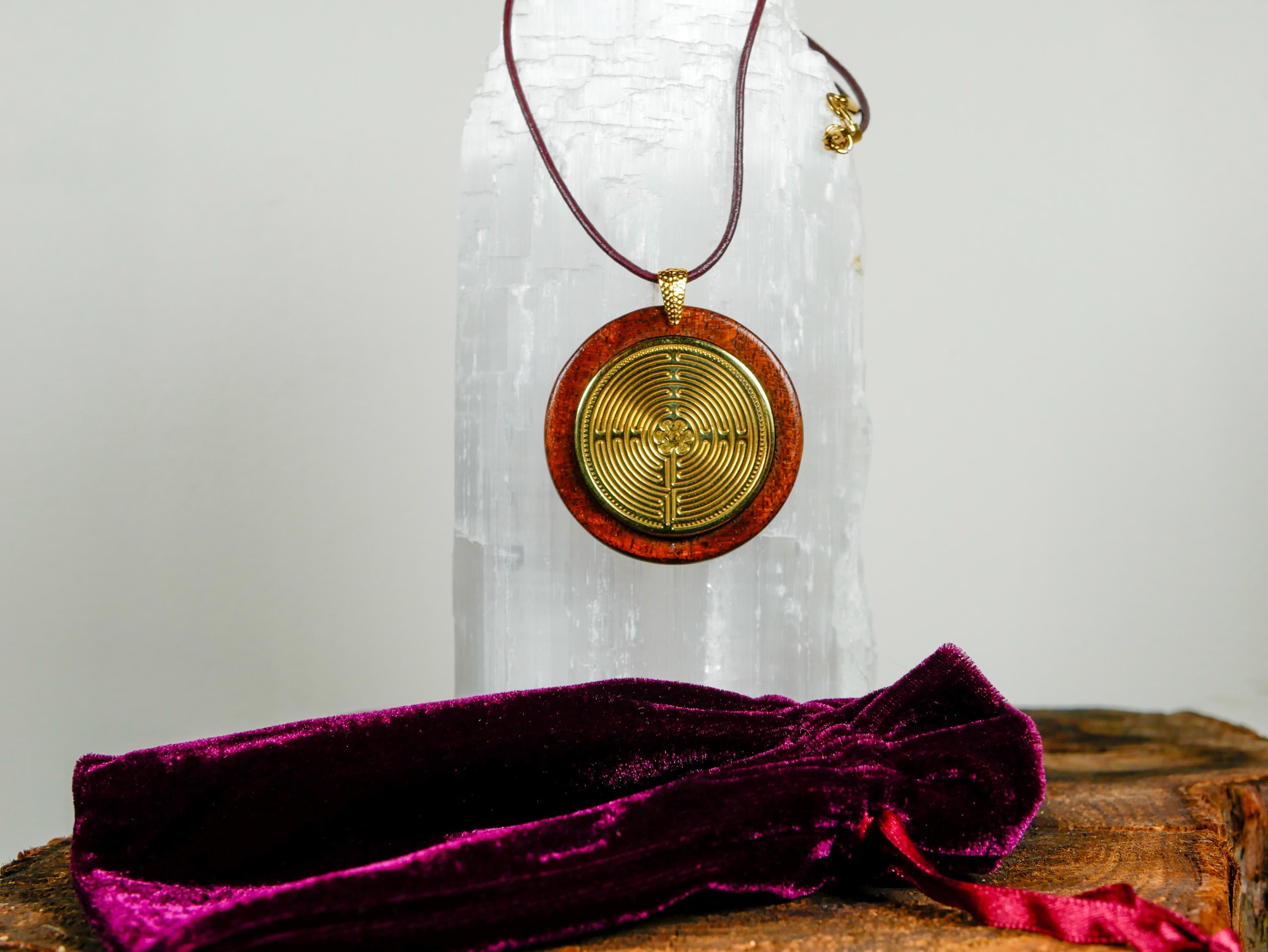ENGRAVED SOLID BRASS  Chartres Labyrinth, polished, leather cord
