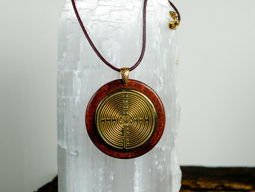 ENGRAVED SOLID BRASS  Chartres Labyrinth, polished, leather cord