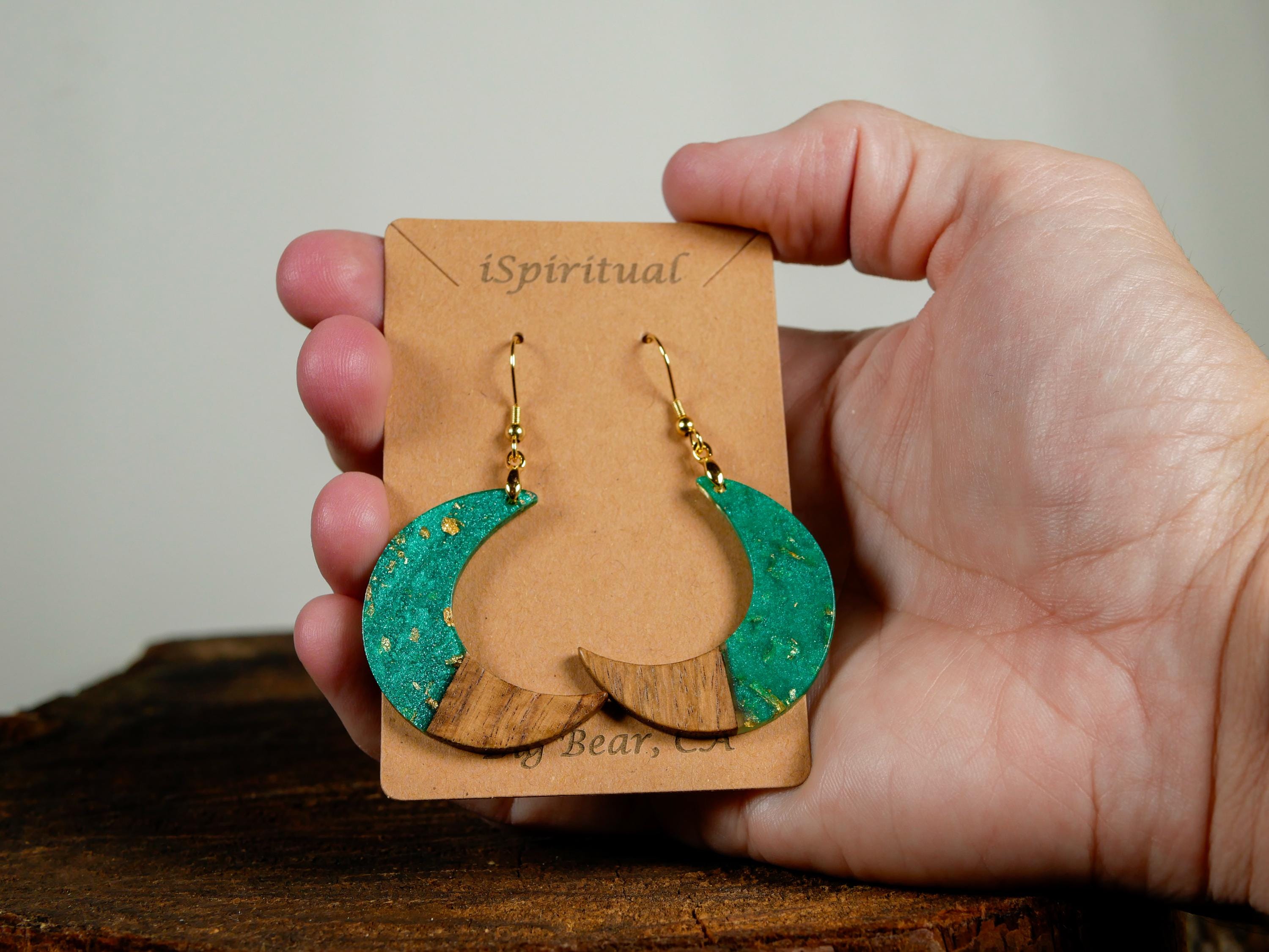 Crescent Moon Earrings • Aqua & Gold • Witchy Jewelry • Celestial Earrings • Lunar Gift • Handmade