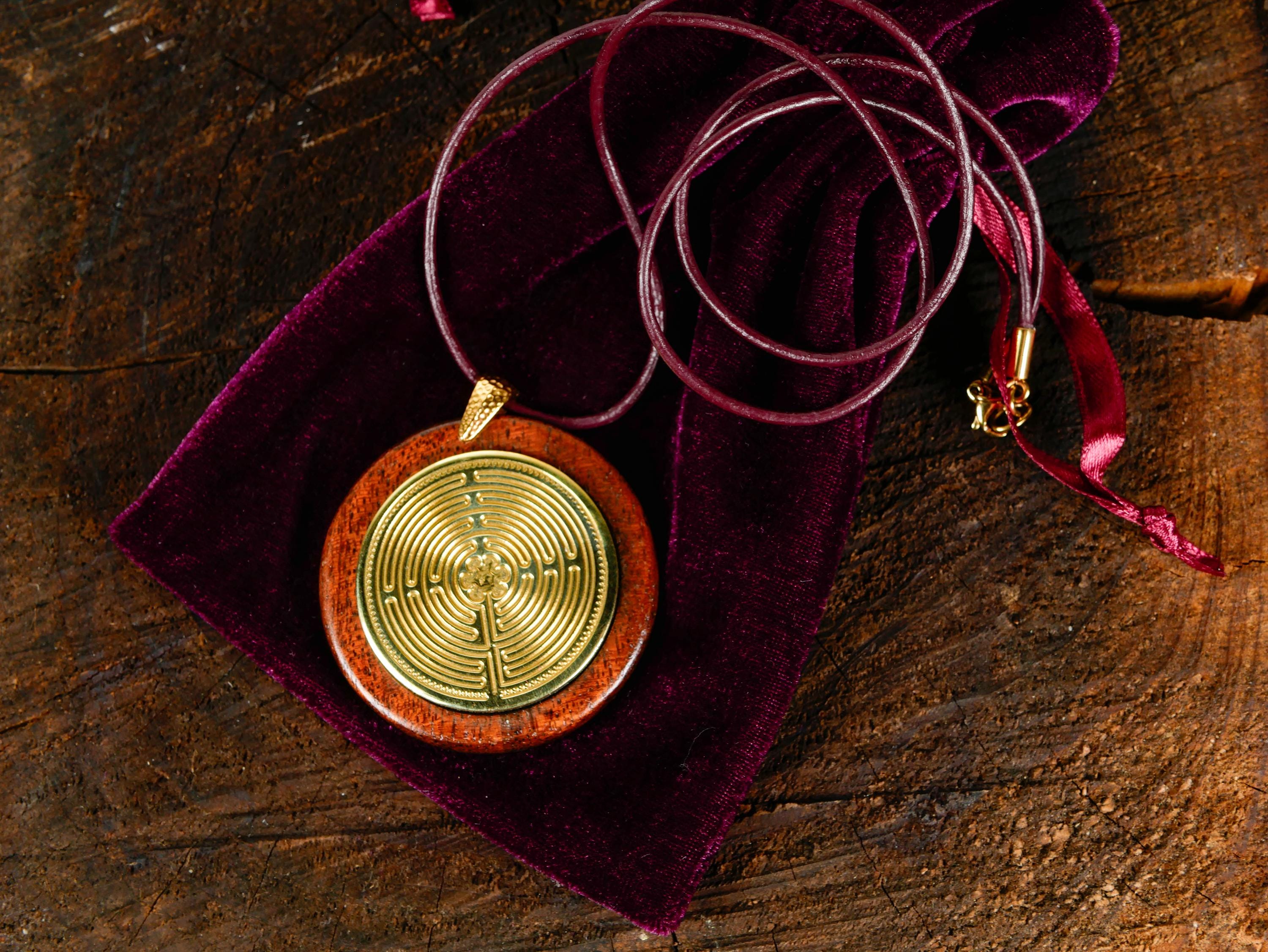 ENGRAVED SOLID BRASS  Chartres Labyrinth, polished, leather cord