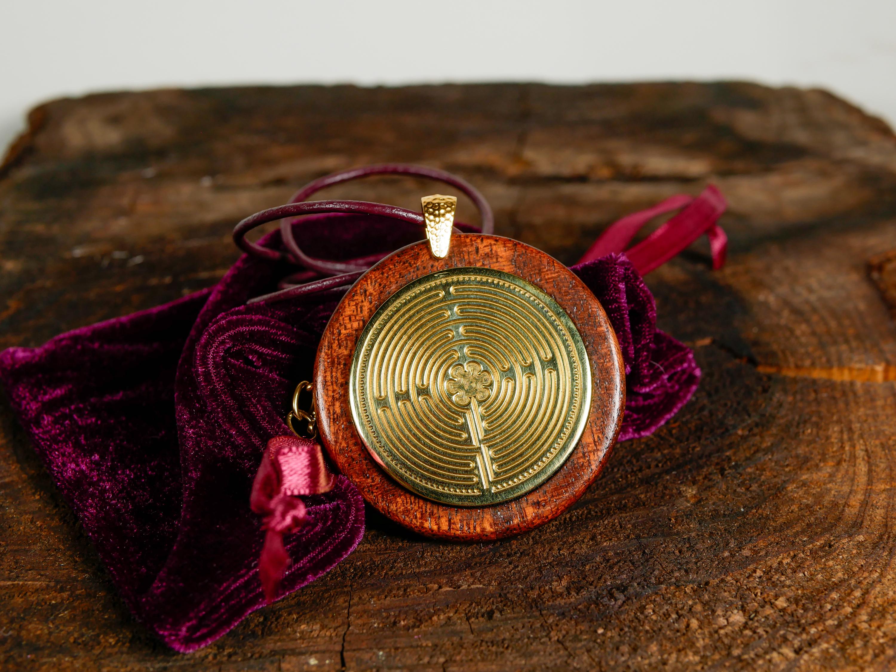 ENGRAVED SOLID BRASS  Chartres Labyrinth, polished, leather cord