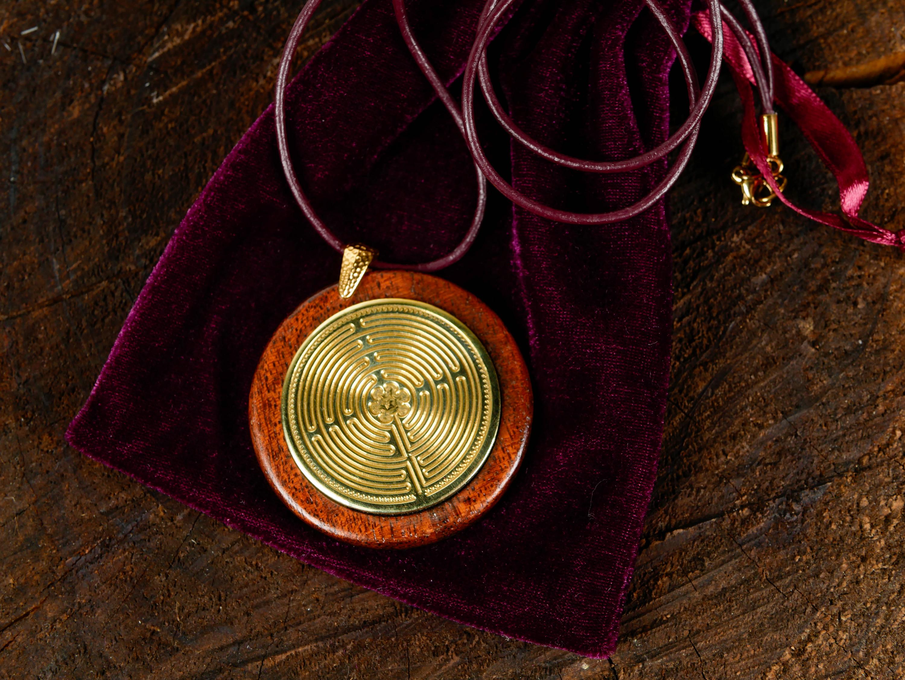 ENGRAVED SOLID BRASS  Chartres Labyrinth, polished, leather cord