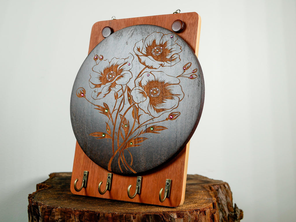 Floral Wood Key Holder Wall Art • Handcrafted Hanger • Entryway Organizer • Wooden Key Rack
