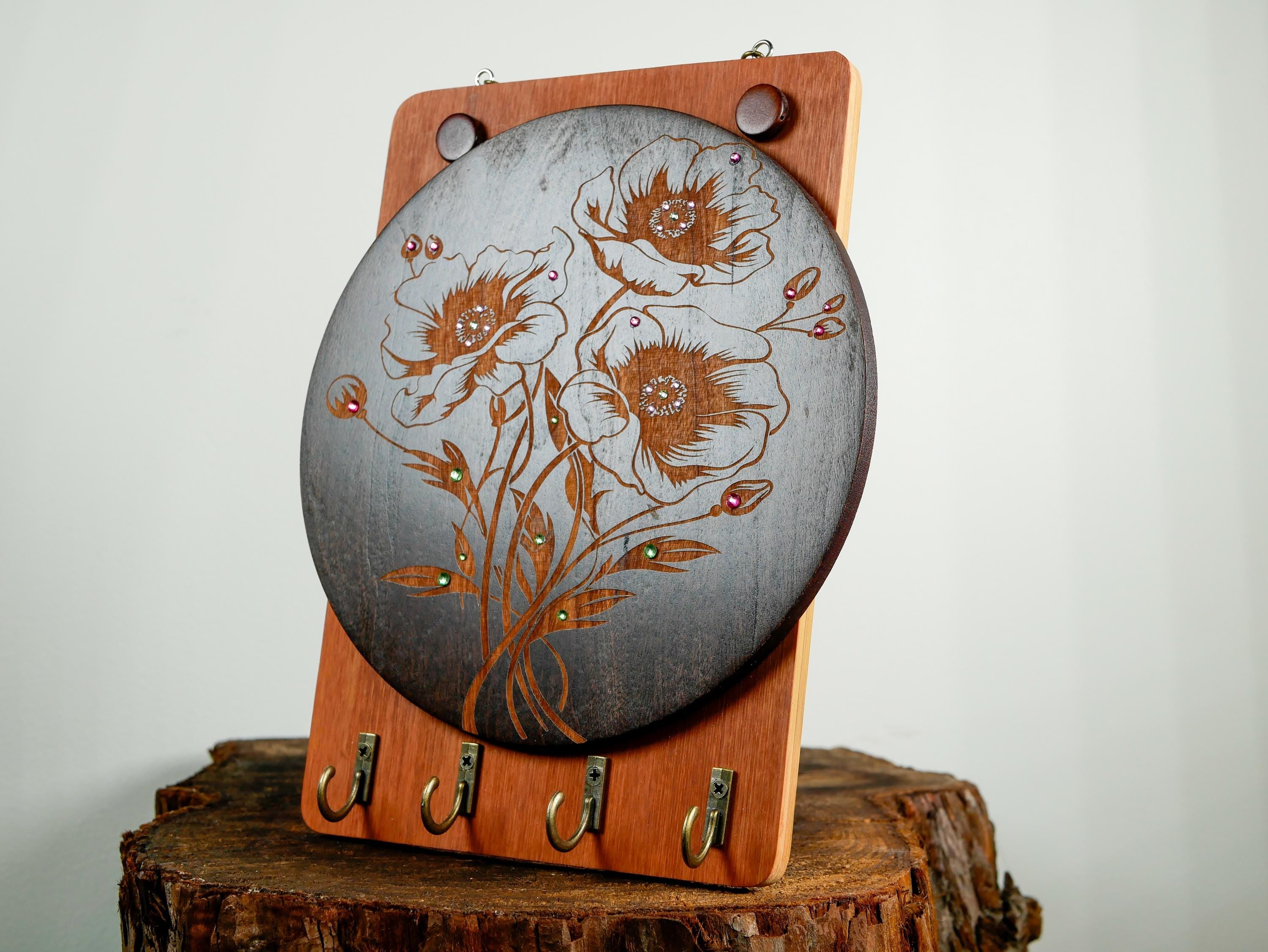 Floral Wood Key Holder Wall Art • Handcrafted Hanger • Entryway Organizer • Wooden Key Rack