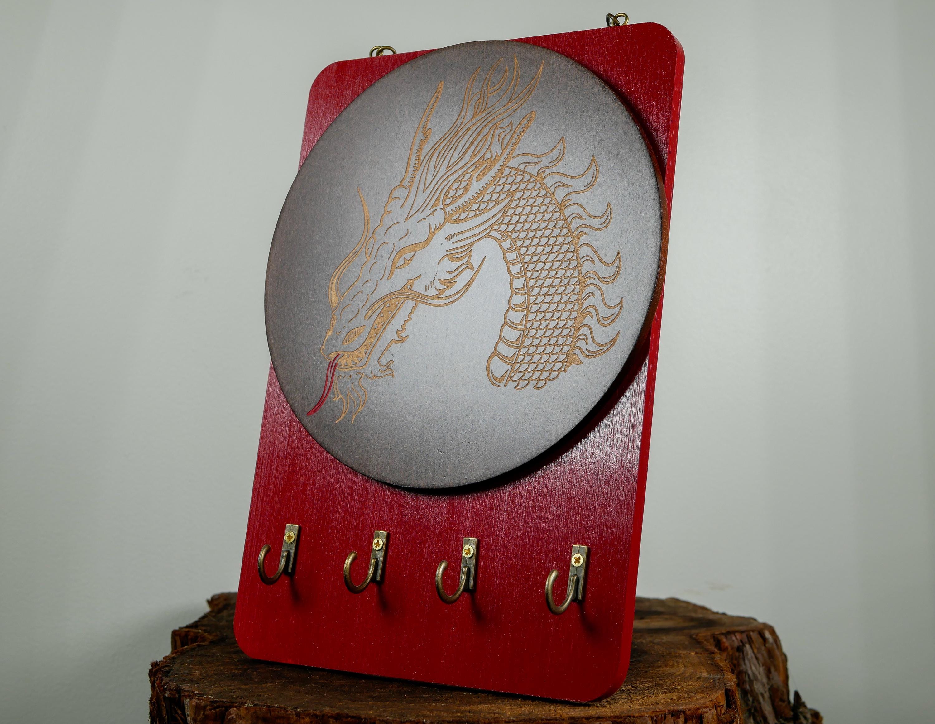 Dragon Guardian Key Holder Art • Handcrafted Wooden Wall Hanging • Mythic Dragon Symbolism