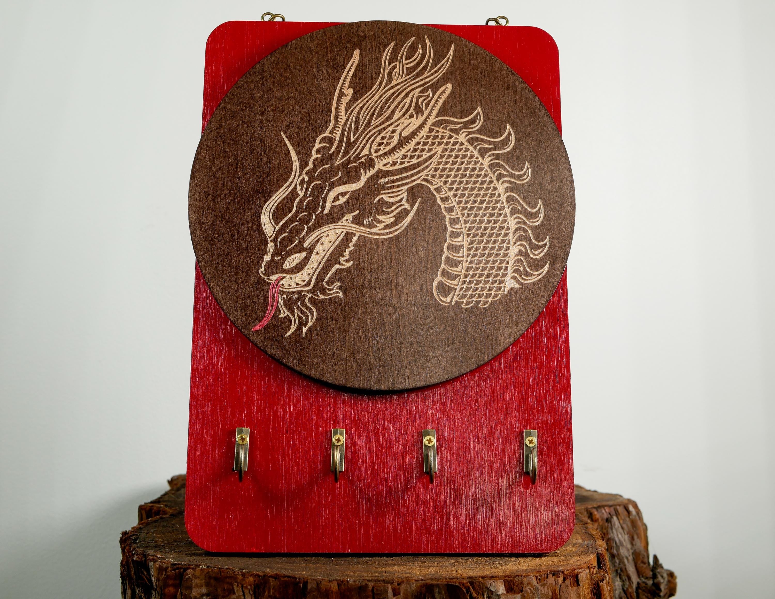 Dragon Guardian Key Holder Art • Handcrafted Wooden Wall Hanging • Mythic Dragon Symbolism