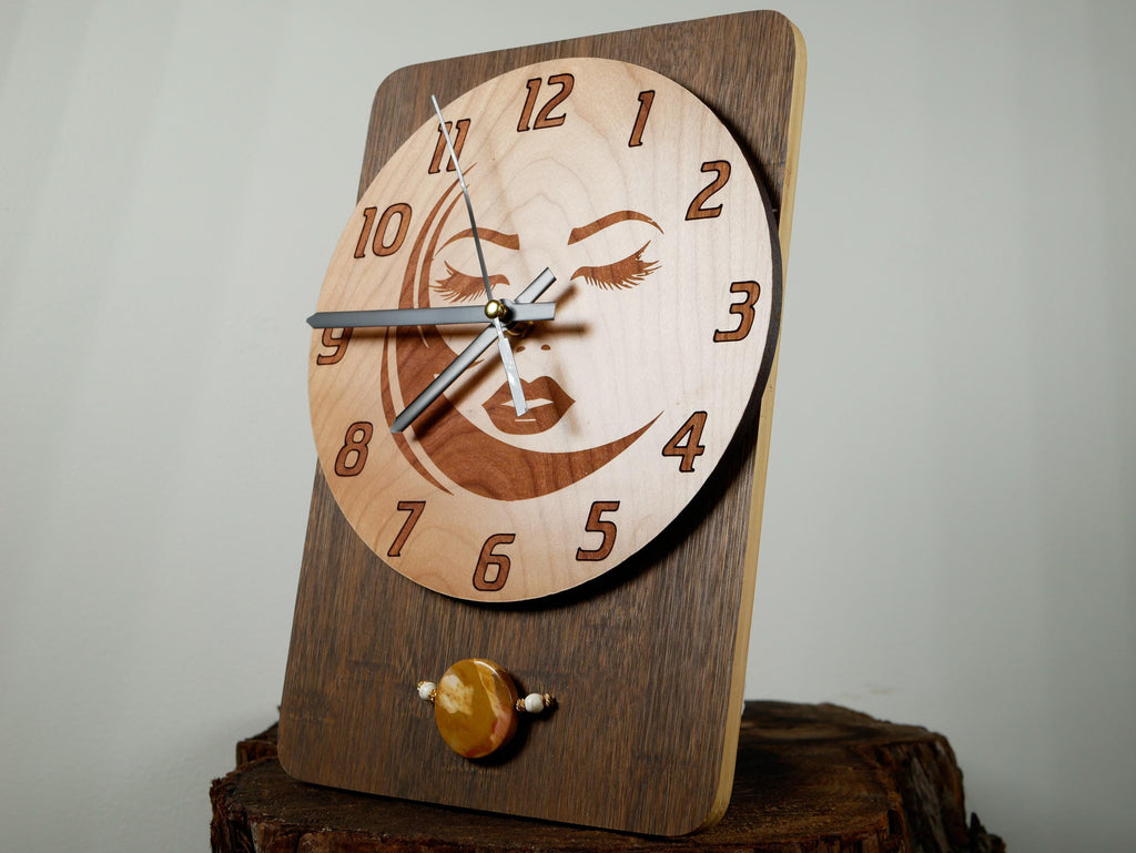 XPRESSION Clock • Moon Goddess Face Wall Clock • Engraved Cherry Wood Art • Jasper Stone Accent