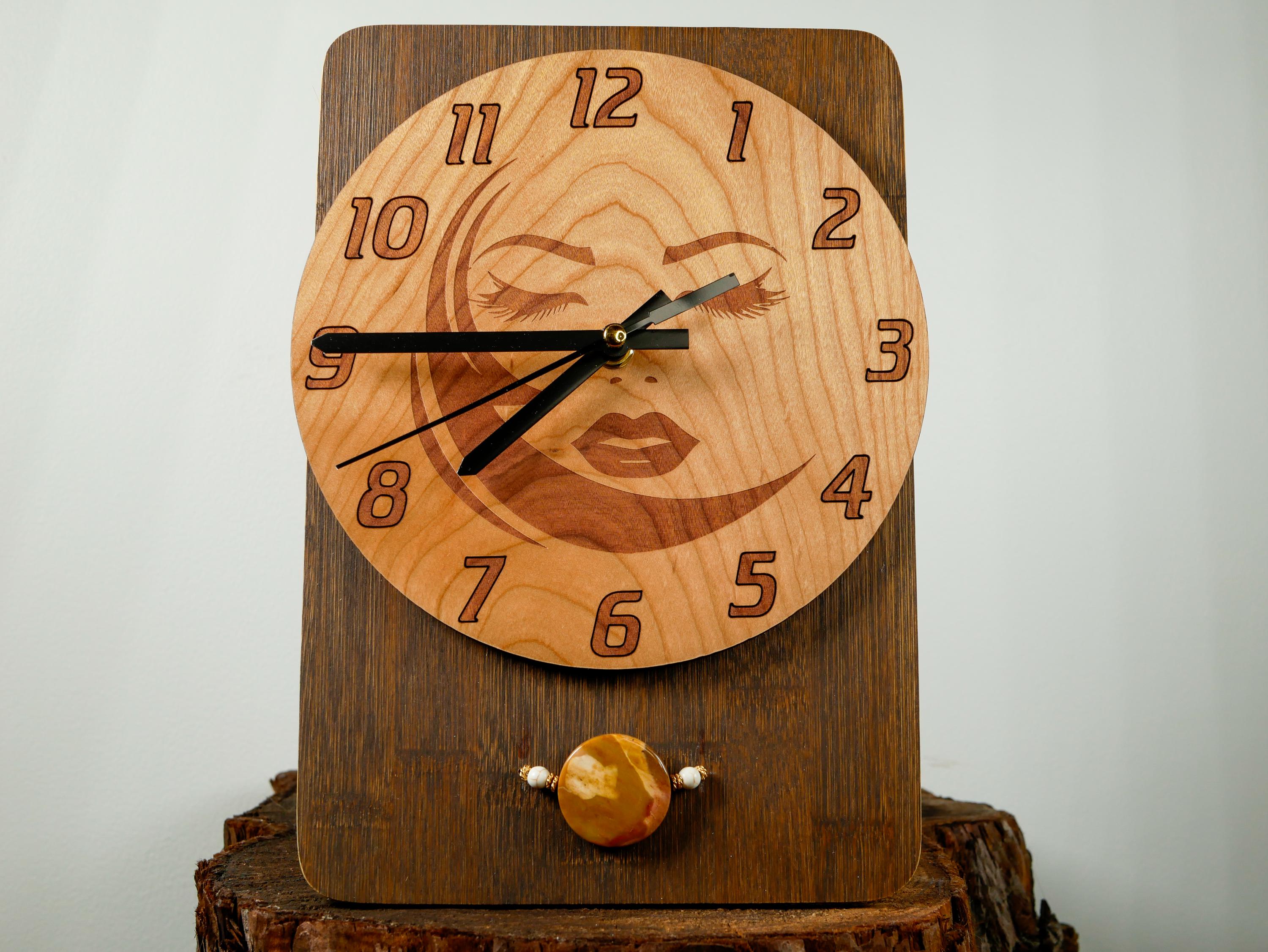 XPRESSION Clock • Moon Goddess Face Wall Clock • Engraved Cherry Wood Art • Jasper Stone Accent