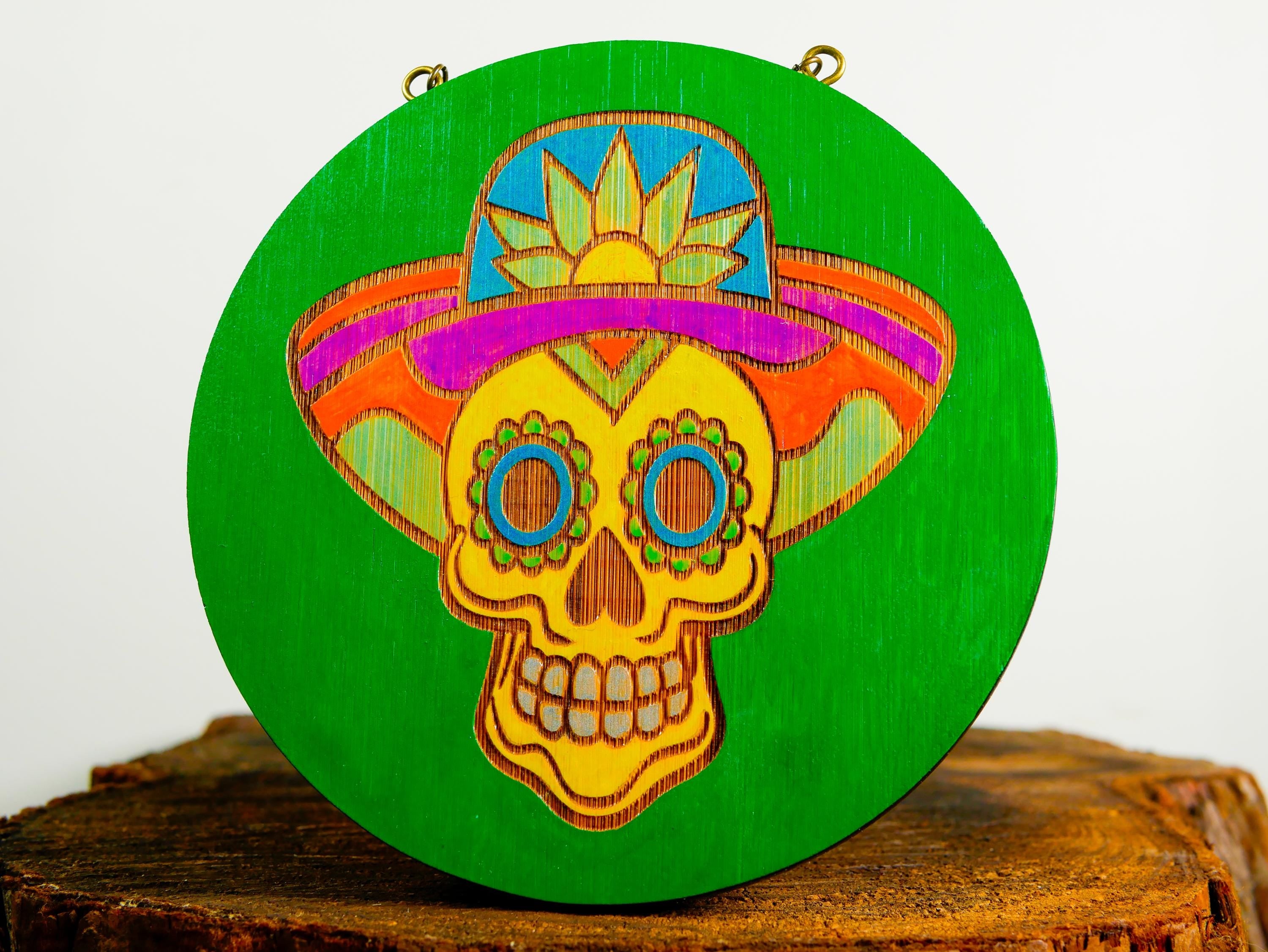 Hand-Painted Sugar Skull Ornament • Green Day of the Dead Art • Wood Wall Decor • Folk Art