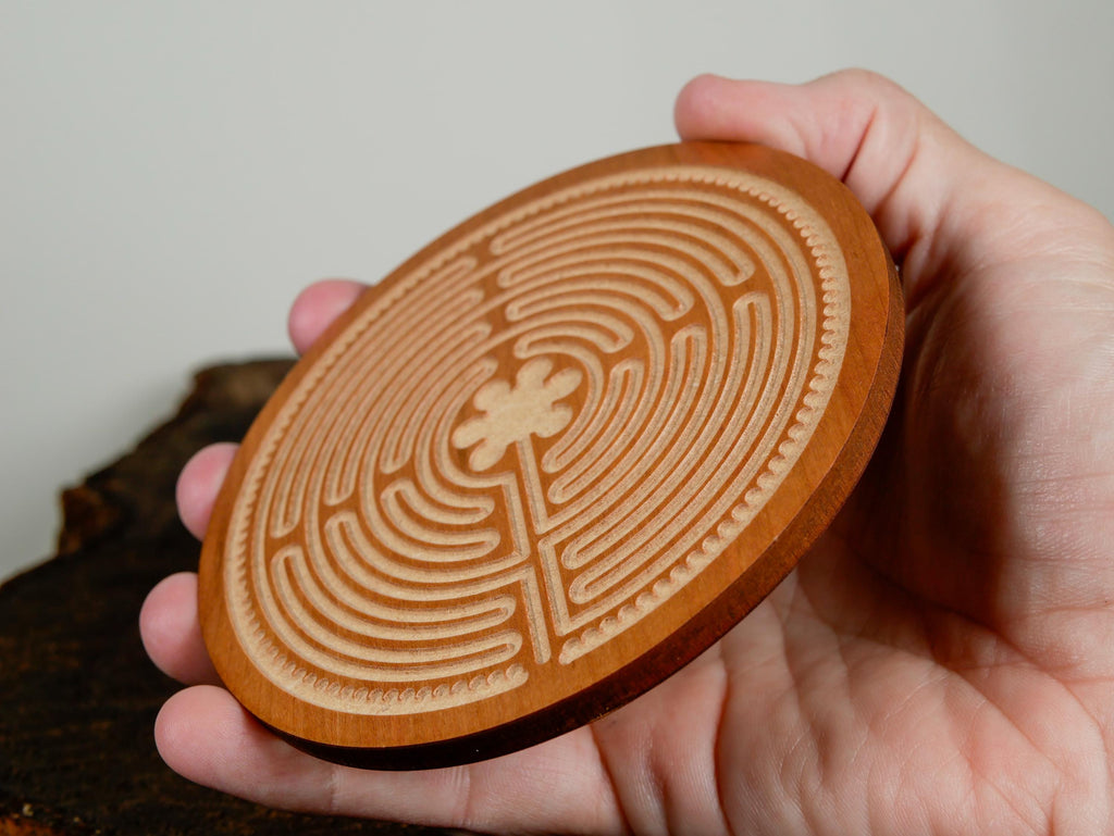 4.5" Cherry MDF Chartres Finger Labyrinth Meditation Tool Mindfulness Stress Relief Calm Focus