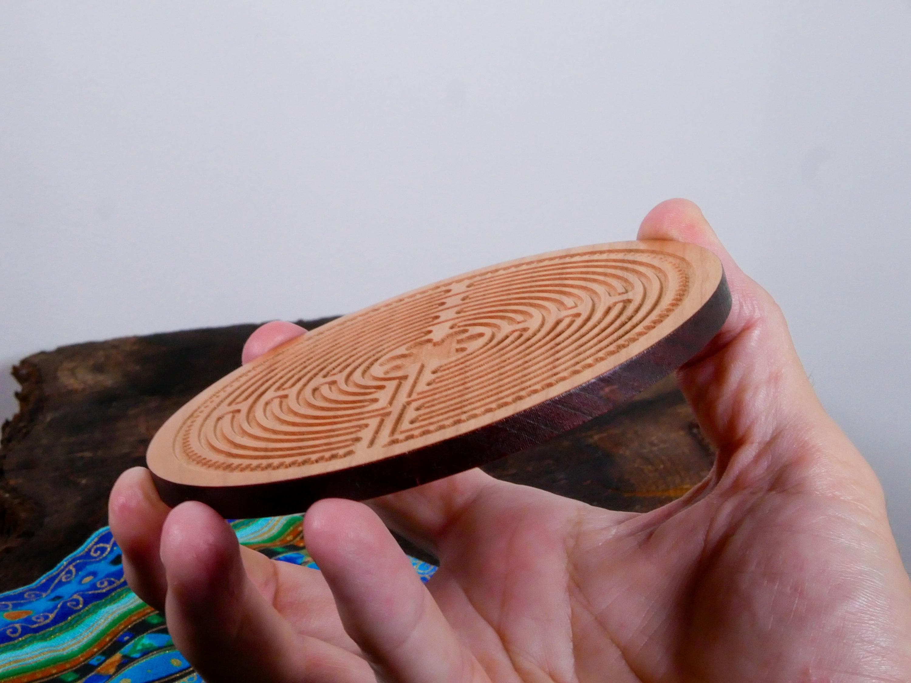 4.5" Cherry Wood Chartres Finger Labyrinth Meditation Tool Mindfulness Stress Relief Calm Focus