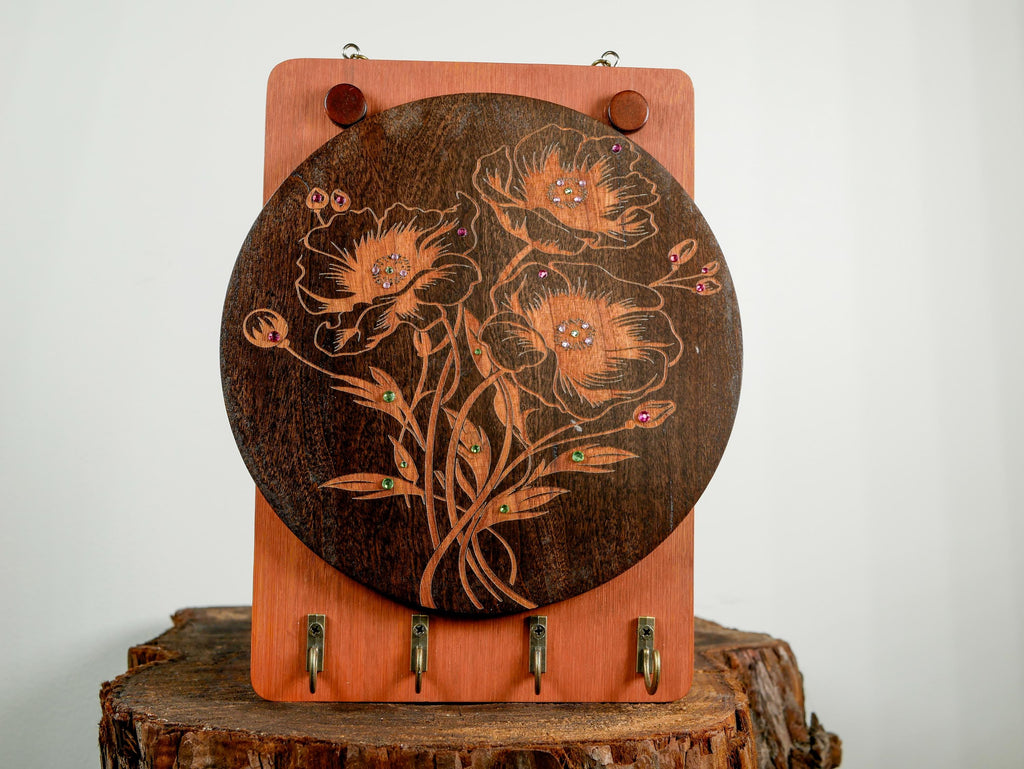 Floral Wood Key Holder Wall Art • Handcrafted Hanger • Entryway Organizer • Wooden Key Rack