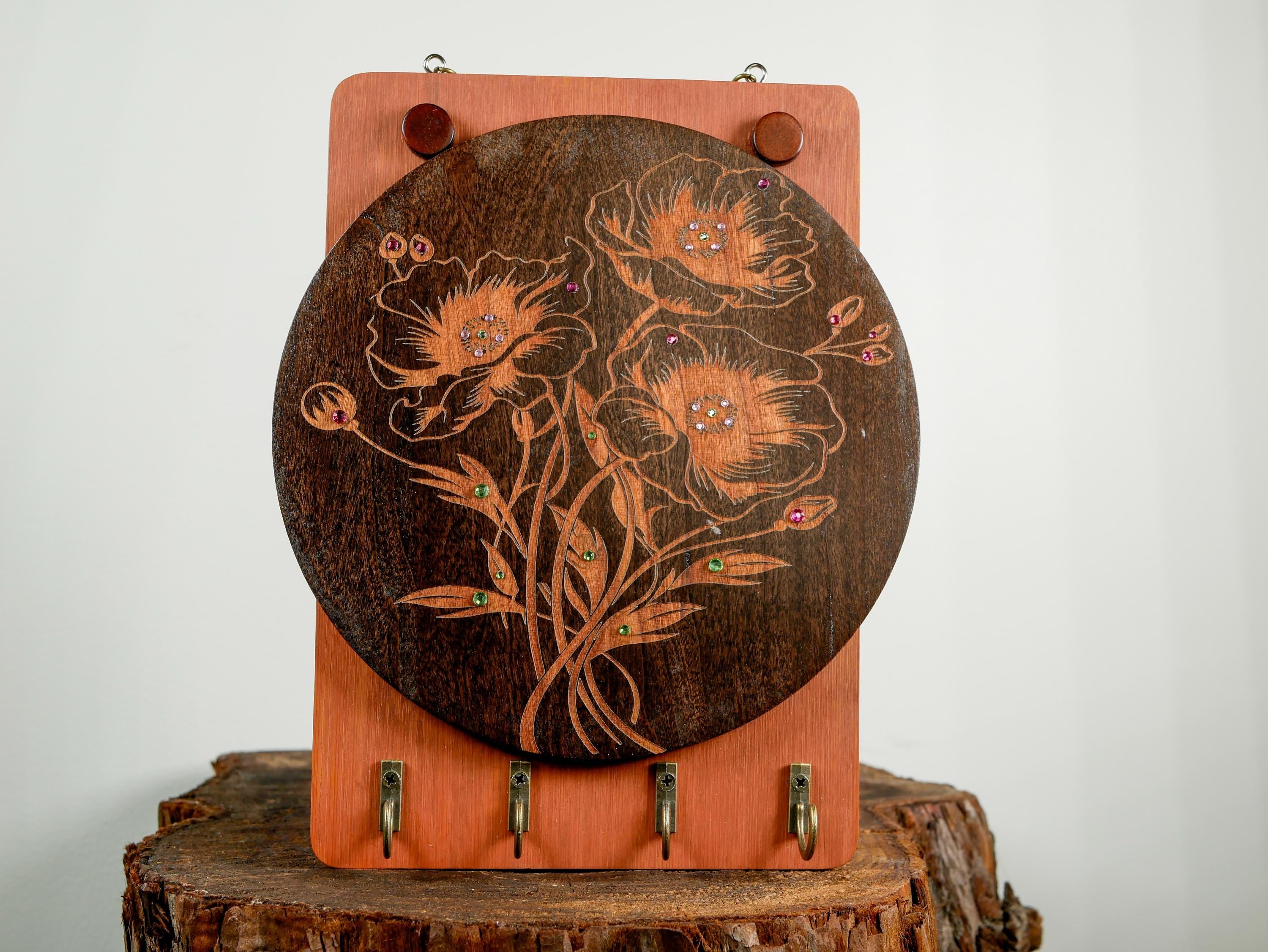 Floral Wood Key Holder Wall Art • Handcrafted Hanger • Entryway Organizer • Wooden Key Rack