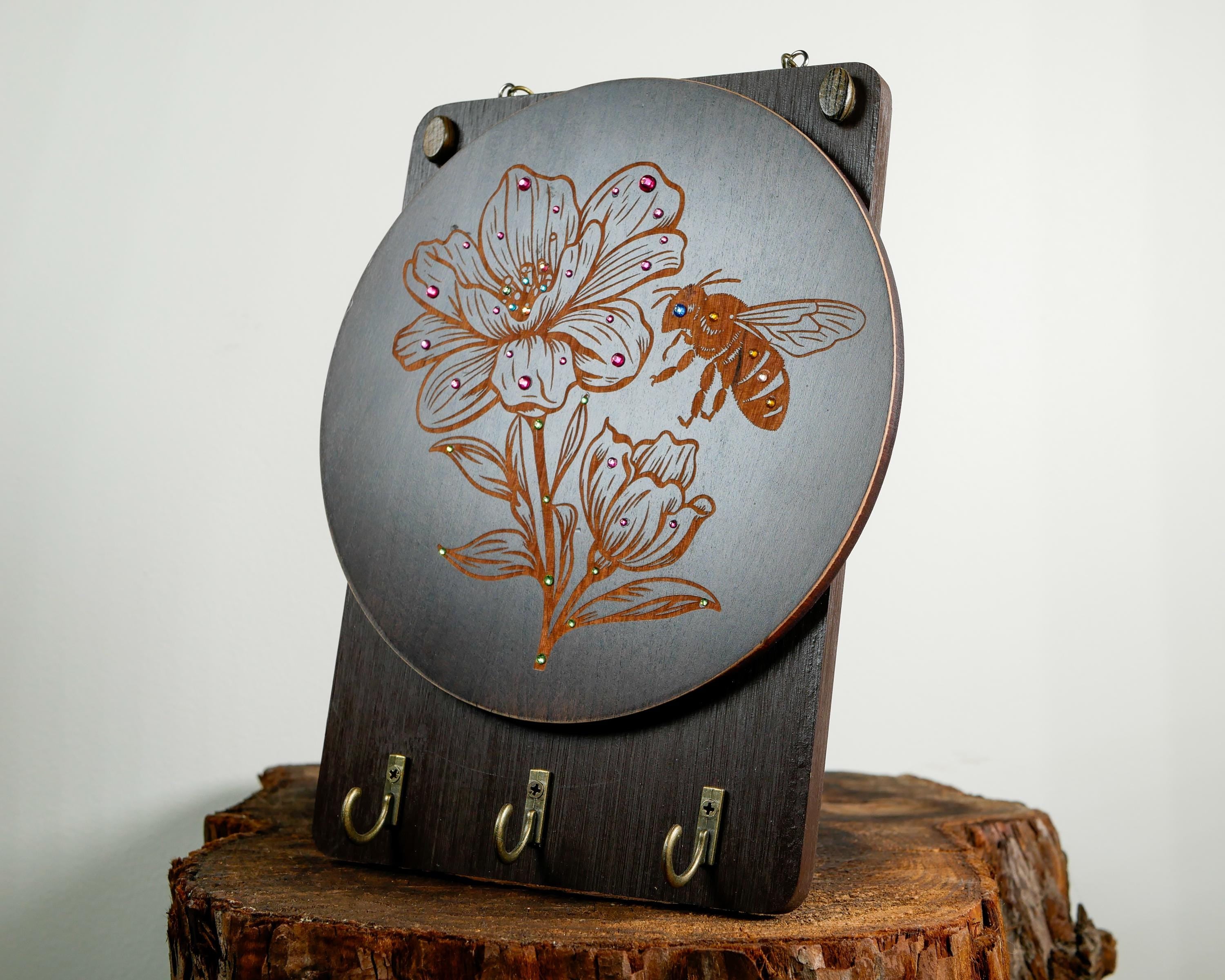 Honey & Bloom Key Holder • Bee Wildflower Wood Wall Art • Handmade Entryway Organizer