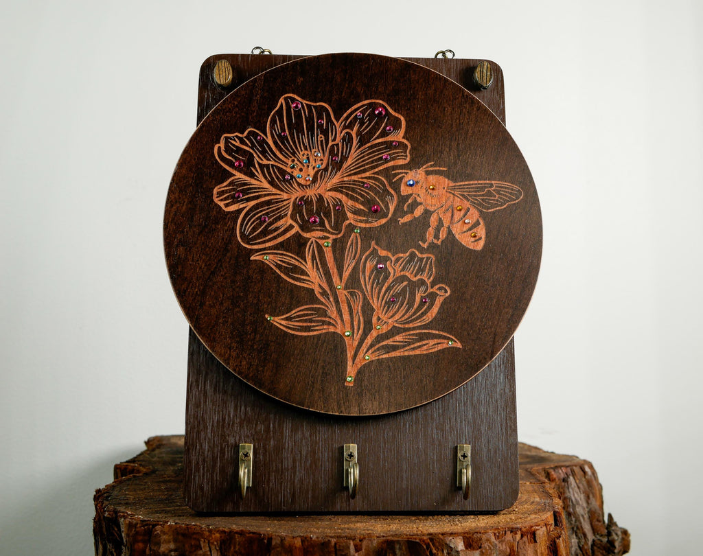 Honey & Bloom Key Holder • Bee Wildflower Wood Wall Art • Handmade Entryway Organizer