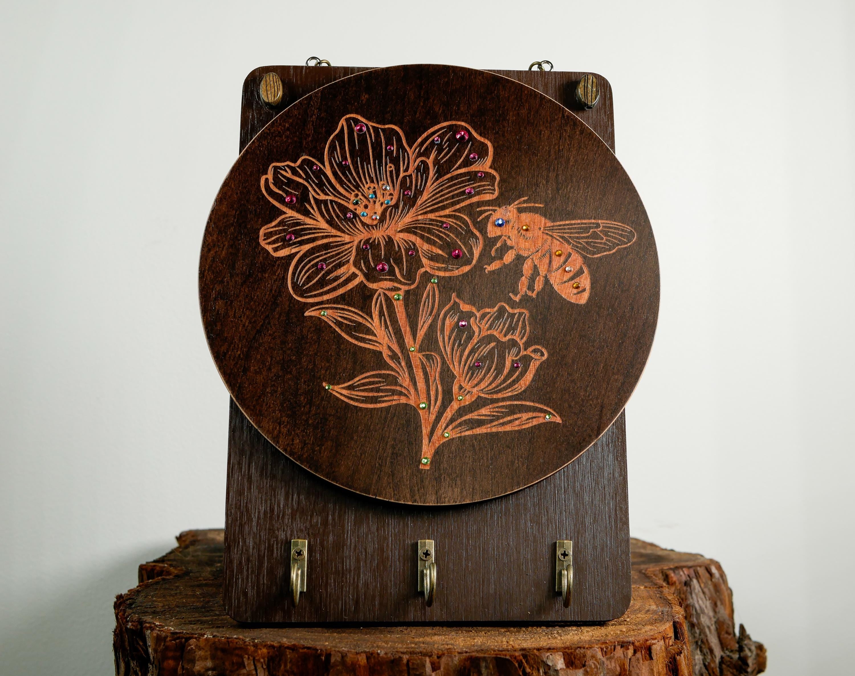 Honey & Bloom Key Holder • Bee Wildflower Wood Wall Art • Handmade Entryway Organizer