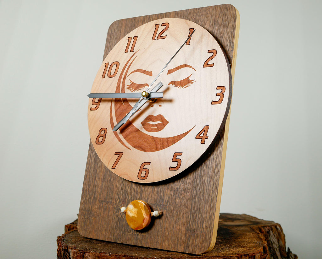 XPRESSION Clock • Moon Goddess Face Wall Clock • Engraved Cherry Wood Art • Jasper Stone Accent