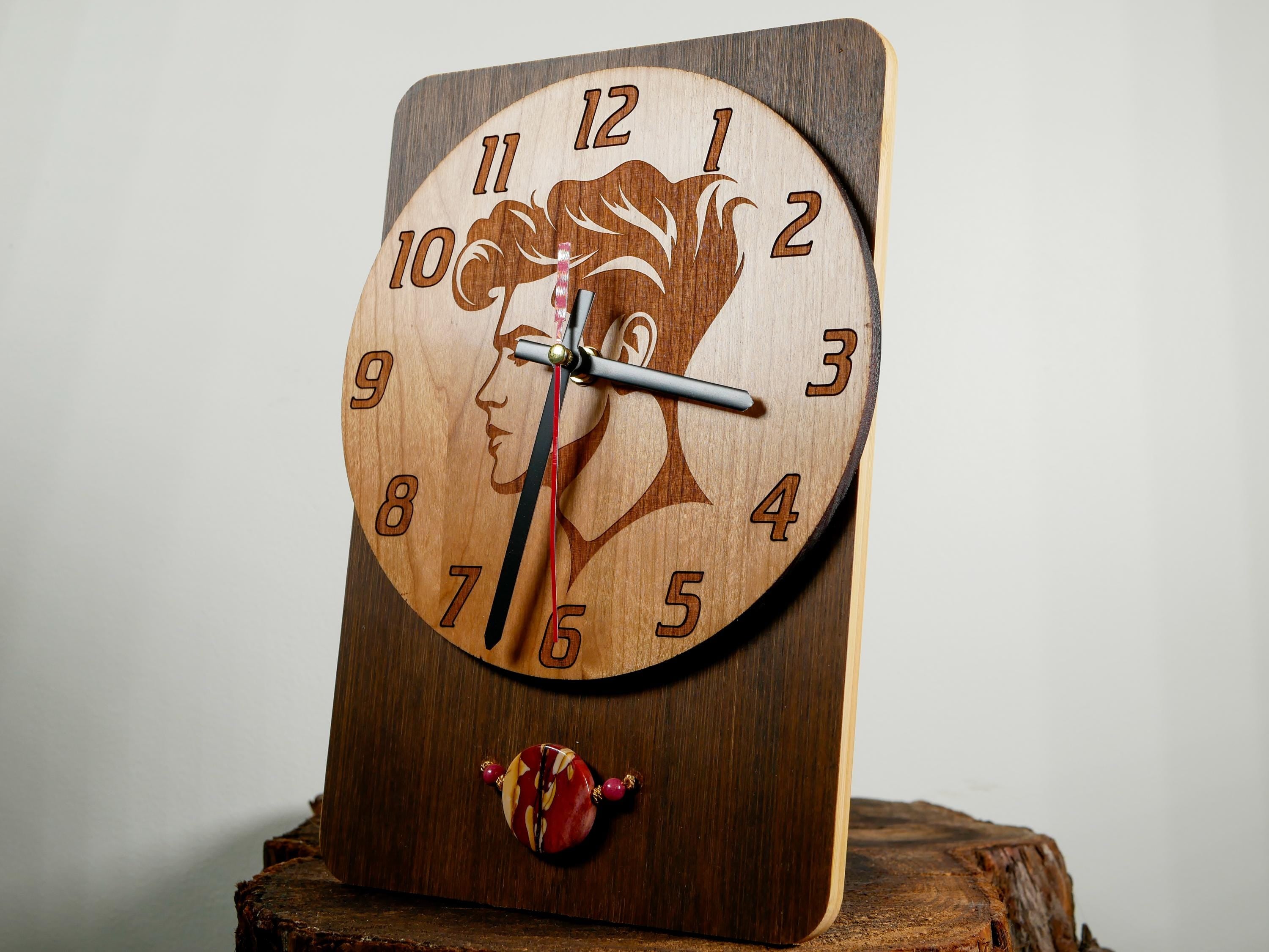 XPRESSION Clock • Masculine Profile Face • Hand Engraved Wood Clock • Jasper Stone Accent • Wall Art