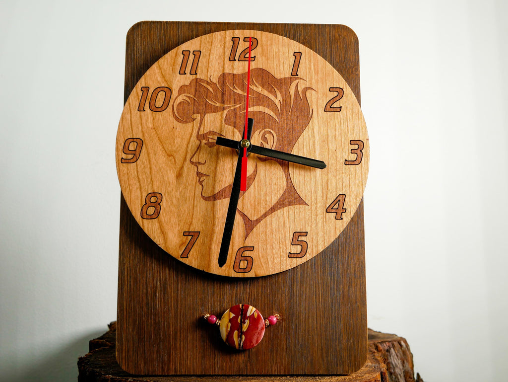 XPRESSION Clock • Masculine Profile Face • Hand Engraved Wood Clock • Jasper Stone Accent • Wall Art
