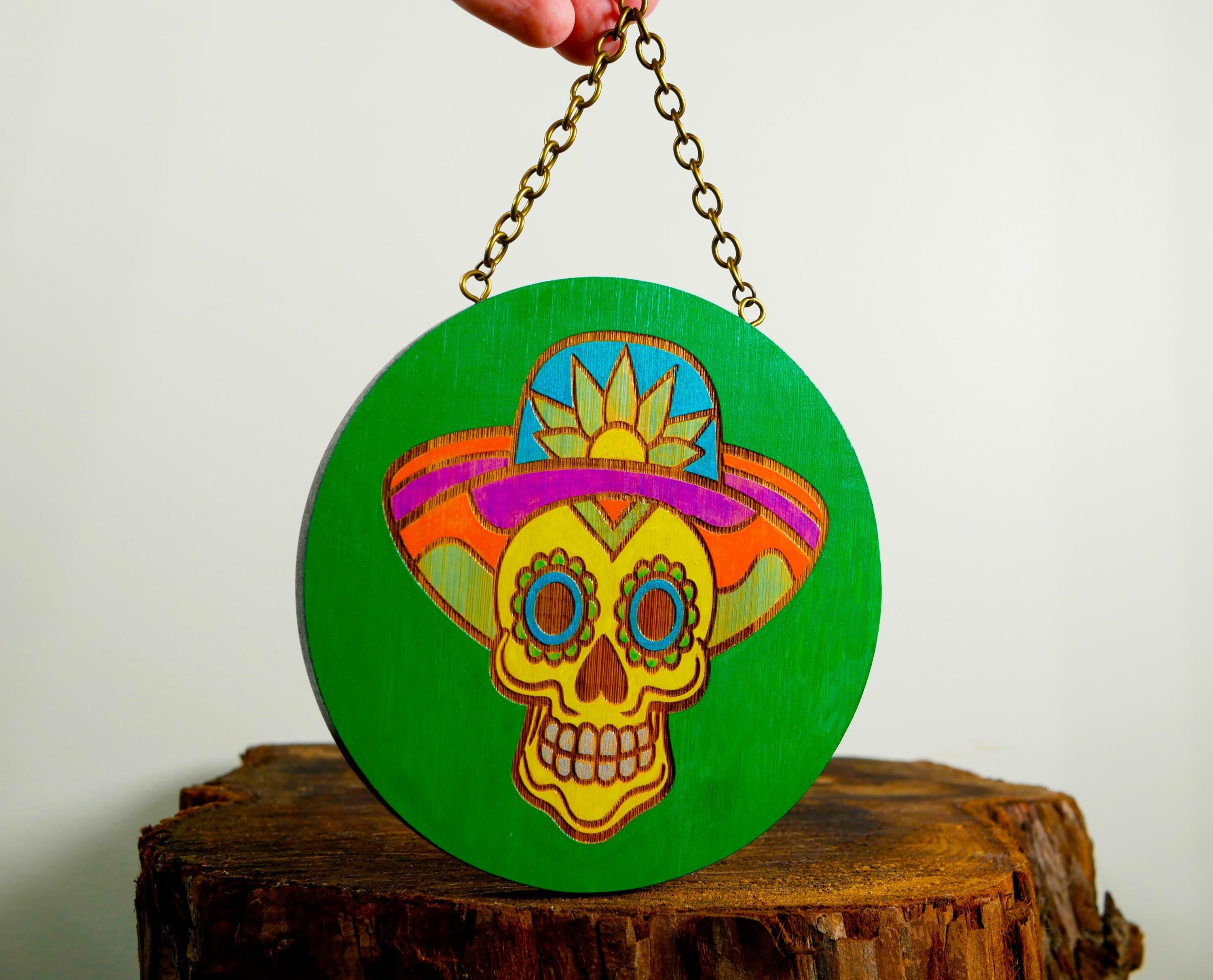 Hand-Painted Sugar Skull Ornament • Green Day of the Dead Art • Wood Wall Decor • Folk Art