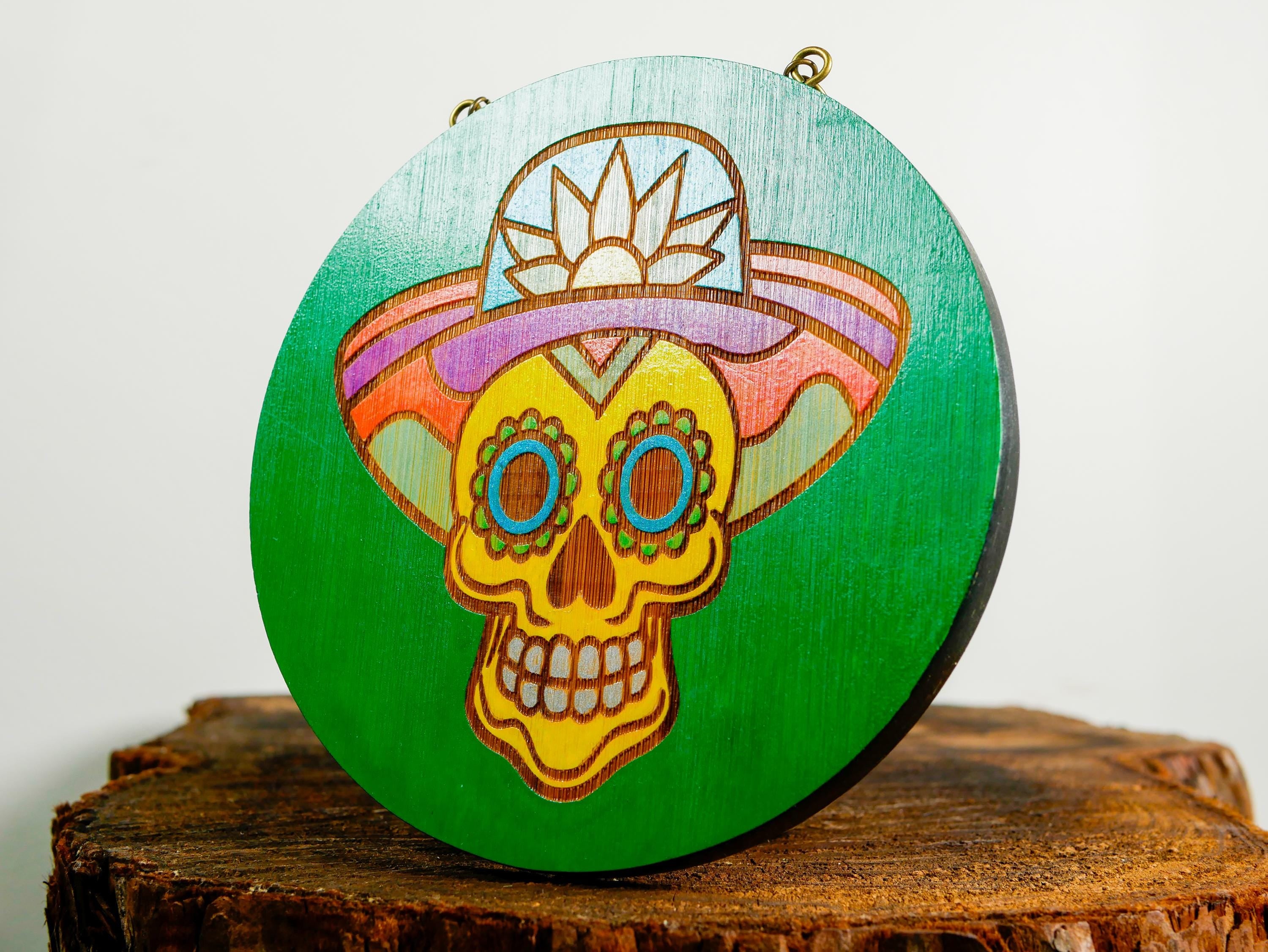Hand-Painted Sugar Skull Ornament • Green Day of the Dead Art • Wood Wall Decor • Folk Art