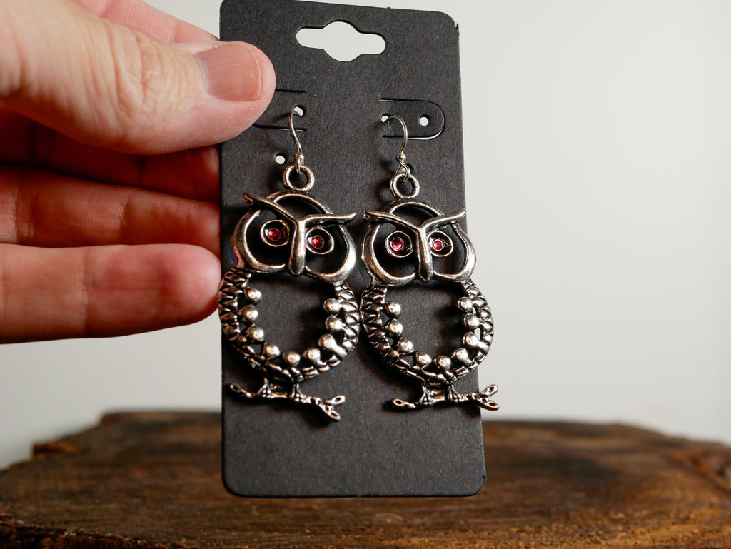 Owl Goddess Earrings • Red Crystal Eyes • Protection & Intuition • Witchy Pagan Earrings