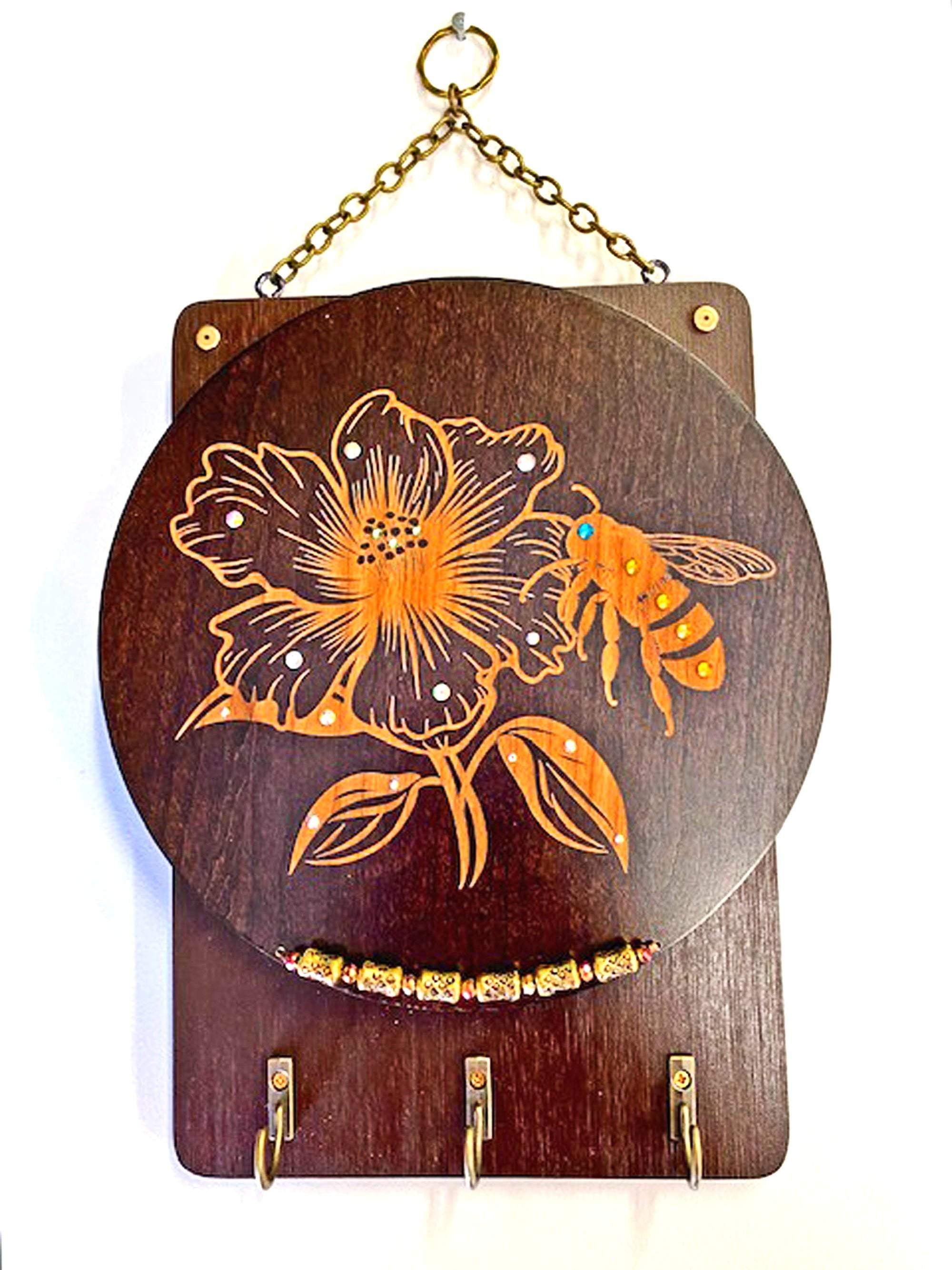 Honey & Bloom Key Holder • Bee Wildflower Wood Wall Art • Handmade Entryway Organizer