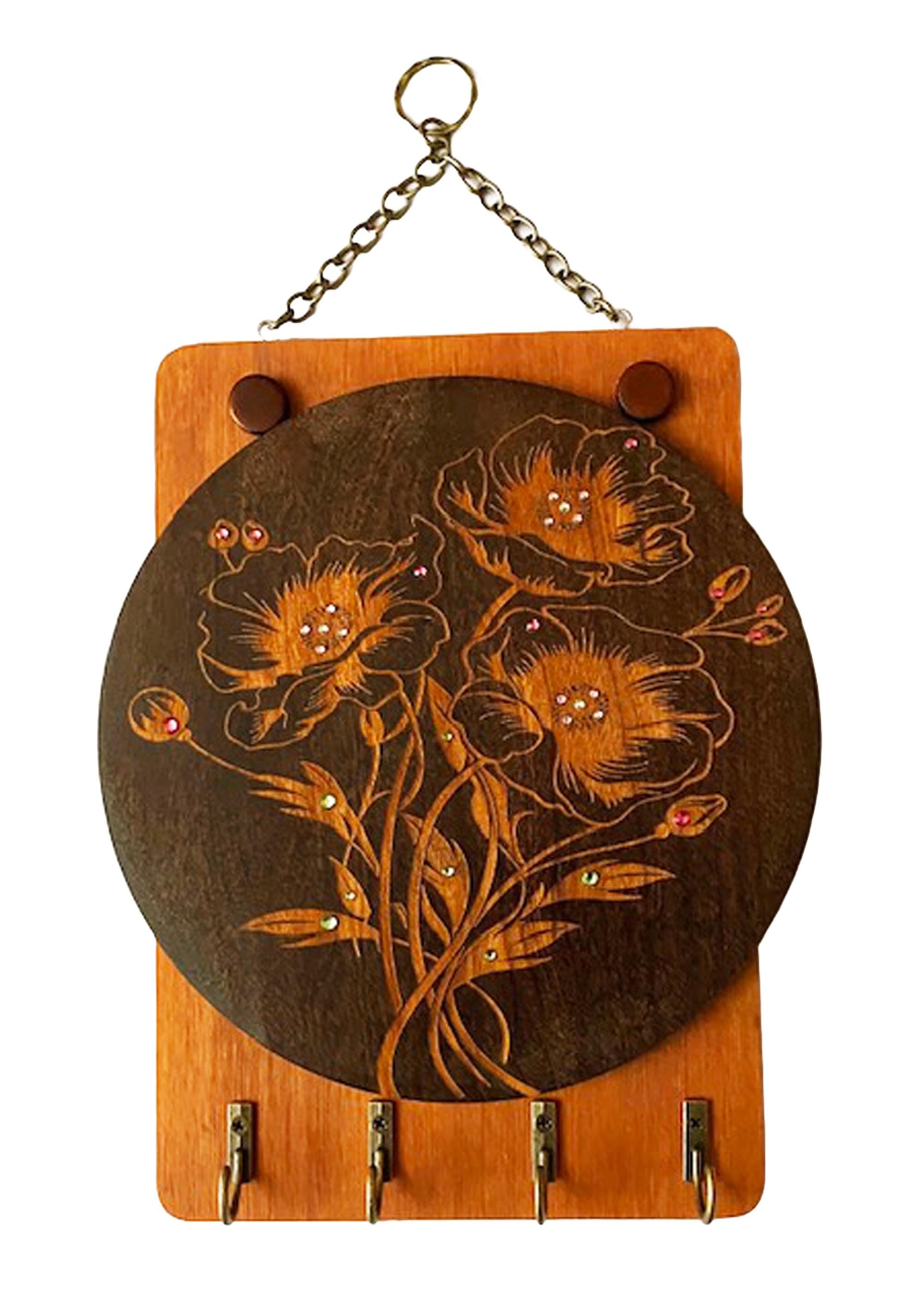 Floral Wood Key Holder Wall Art • Handcrafted Hanger • Entryway Organizer • Wooden Key Rack